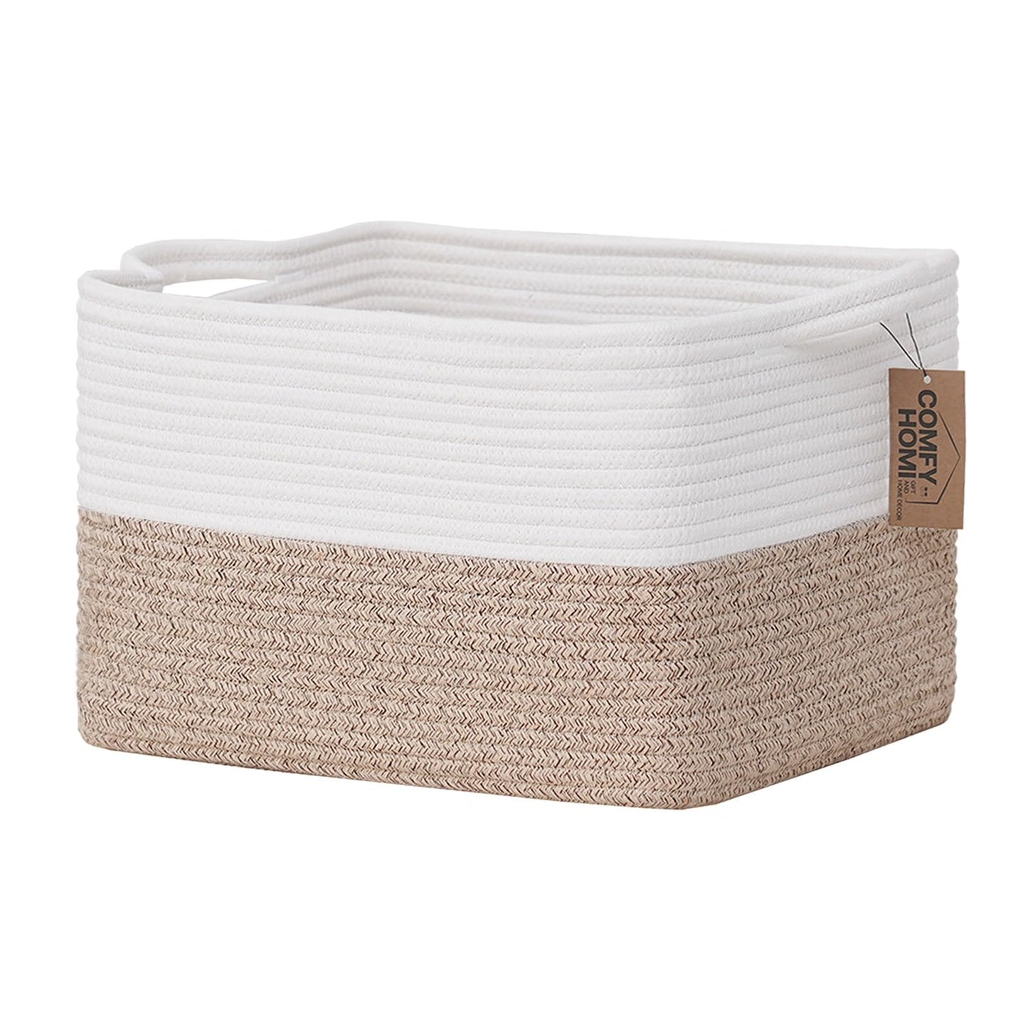 COMFY-HOMI Cesta tejida de cuerda de algodón con asas para estantes, juguetes, libros, cestas de almacenamiento de tela para organizar, 1 organizador decorativo de juguete para sala de estar, baño