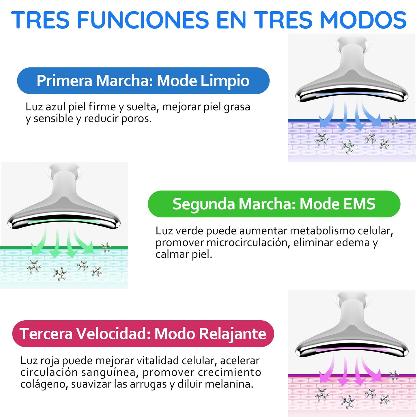 Masajeador Facial Cuello, Antiarrugas Masajeador de Belleza con 3 Modos, Máquina Belleza Facial Electrico con Luz LED, Masajeador de Cuello Portátil, Antienvejecimiento, Limpieza Profunda Piel