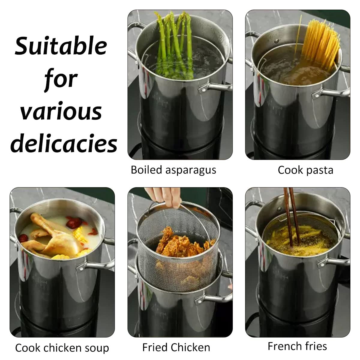 Freidora profunda de acero inoxidable 304 con cesta de colador de aceite y termómetro, olla de 168 onzas para freír tempura, papas fritas, pescado y pollo