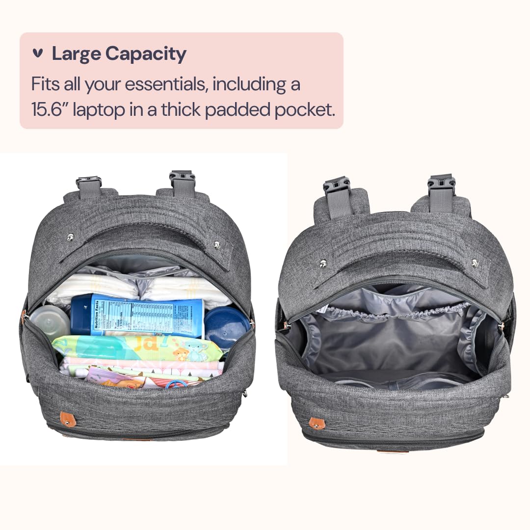 BabbleRoo - Mochila para pañales grande de viaje para bebé con cambiador, bolsas impermeables para bebé para mamá y papá, bolsas unisex con estuche para chupete, correa de equipaje y clips para