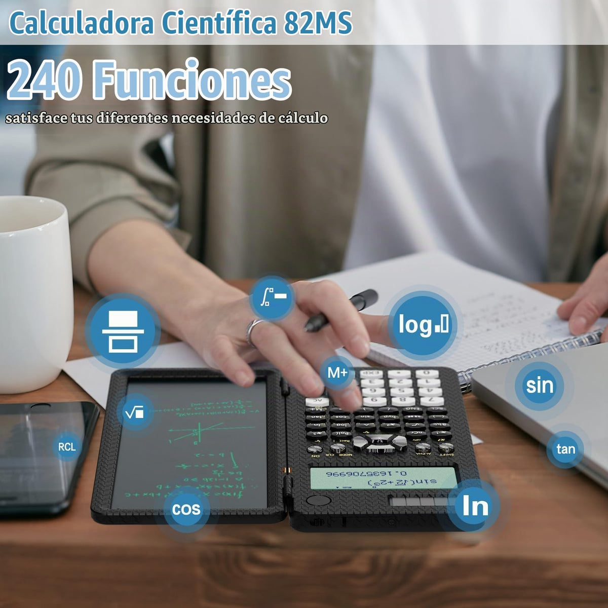 Calculadora Científica ROATEE Negra con Tableta de Notas Solar y Batería Pantalla de 2 Líneas Plegable para Estudiantes