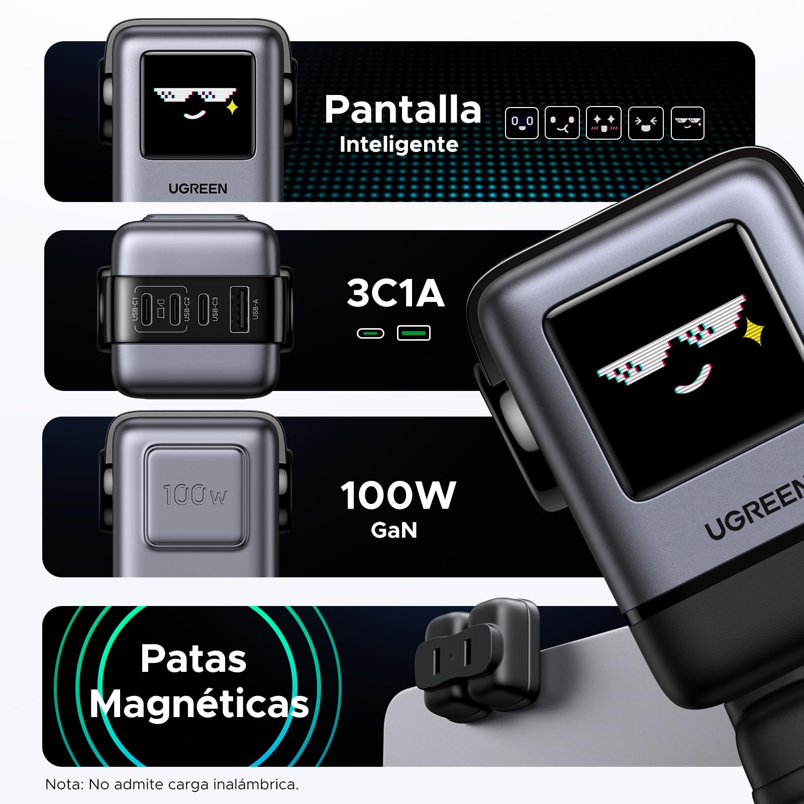 Cargador USB C UGREEN 100 W Negro GAN Nexode con 4 Puertos 3C1A