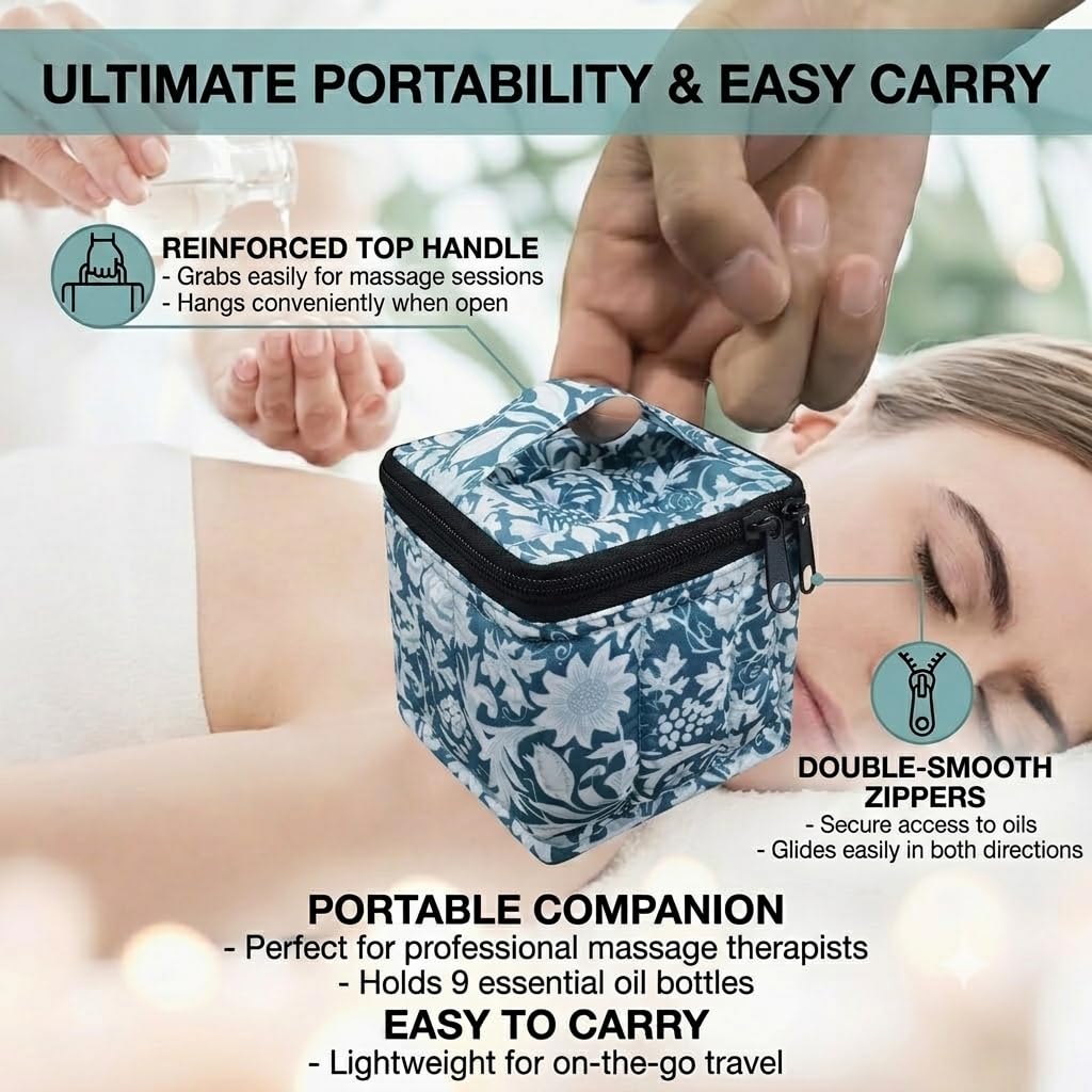 FUZEBAG 9 Bottles Essential Oil Carrying Case Shockproof Essential Oils Organizer Travel Bag Suitable for 5ml,10ml,15ml Bottles with Portable Handle and Double Zipper (Aqua Green)