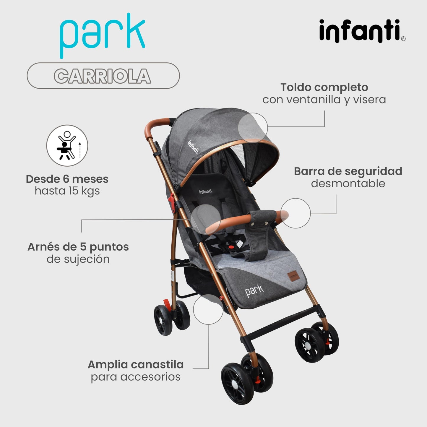 INFANTI | Carriola para Bebe PARK | Carreola con Portabebé - Carriola de Viaje - Carrito para Bebe | Cosas para Bebes 6 Meses hasta 15 kg - Compacta y Plegable | con Barra de Seguridad Desmontable (Gris)