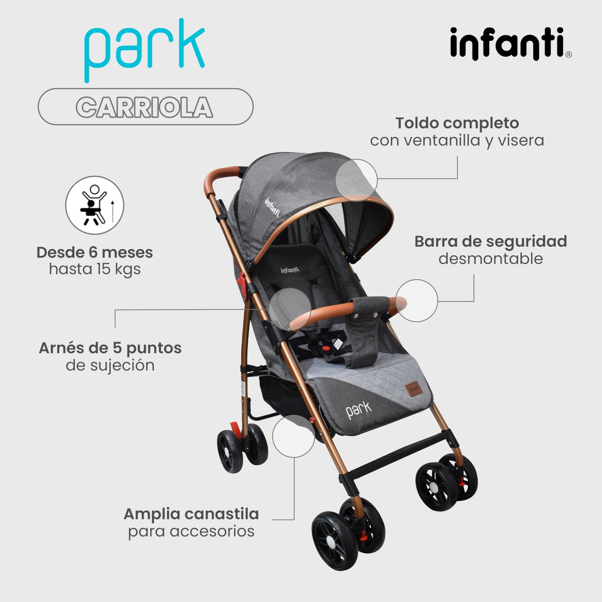 INFANTI | Carriola para Bebe PARK | Carreola con Portabebé - Carriola de Viaje - Carrito para Bebe | Cosas para Bebes 6 Meses hasta 15 kg - Compacta y Plegable | con Barra de Seguridad Desmontable (Gris)