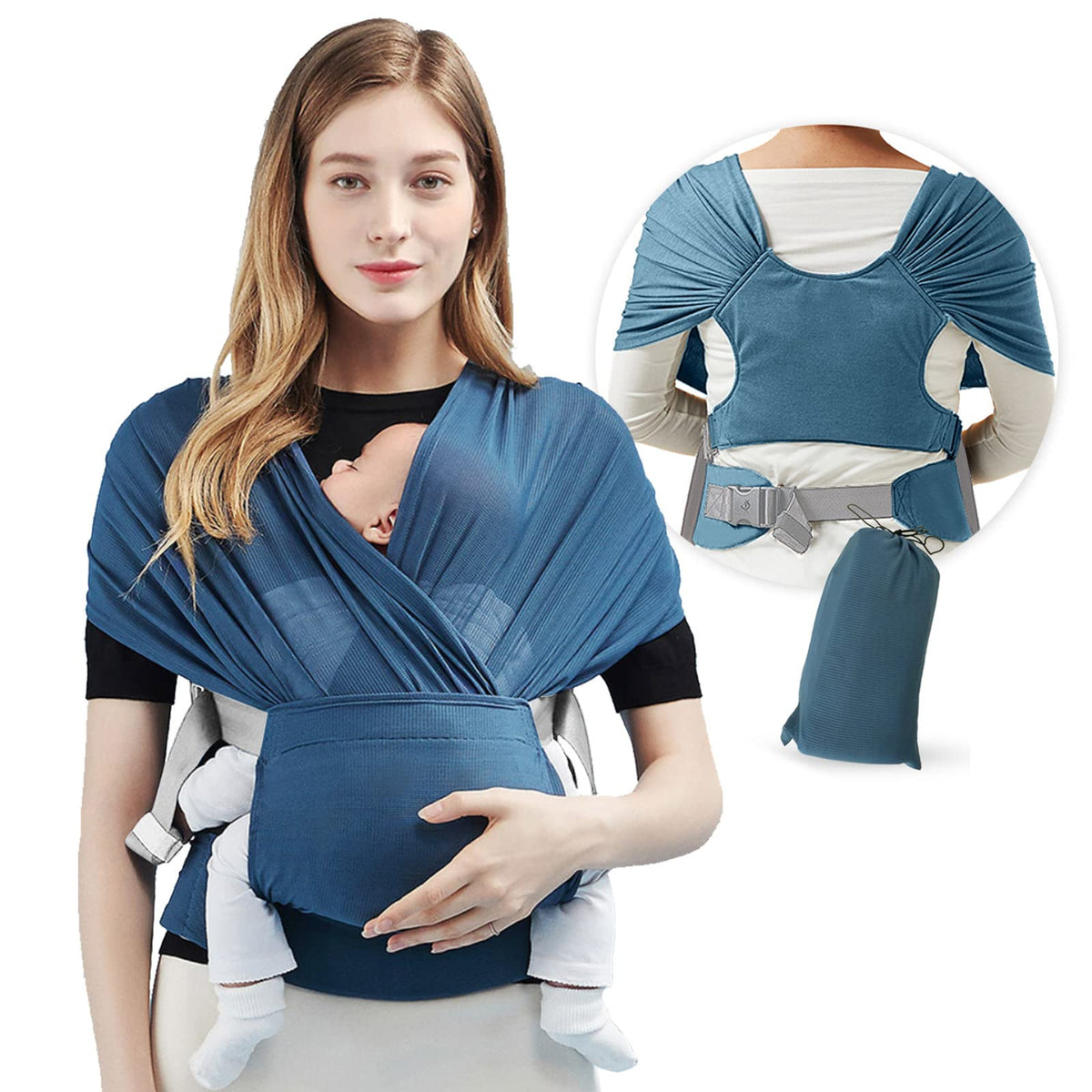 Fular portabebes para bebes de 0 a 36 meses,fular para bebés de algodón 100% transpirable, fular ergonomico para bebe ajustable con manos libres,com manual de colocacion,para recién nacidos (Azul)