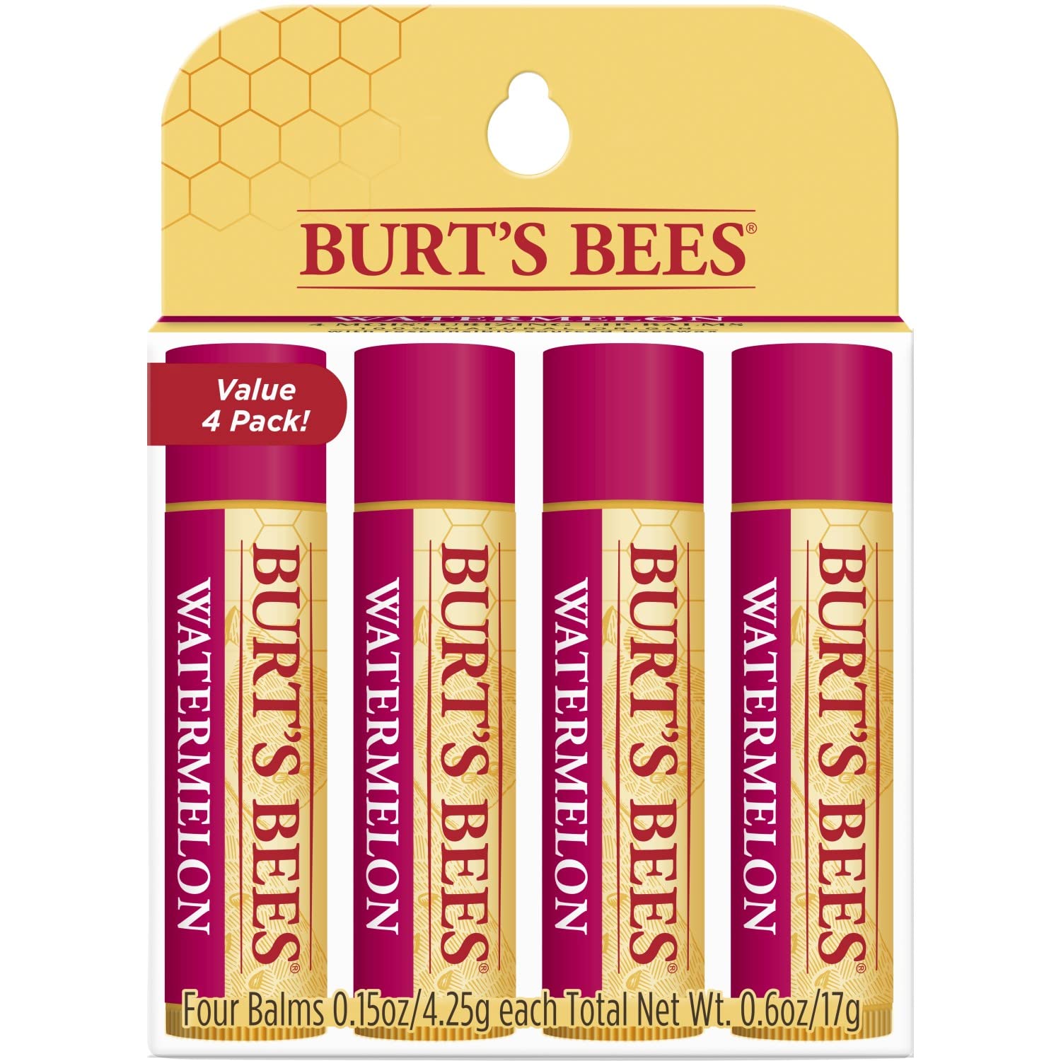 Burt's Bees Bálsamo labial hidratante de origen 100% natural, sandía, 4 tubos