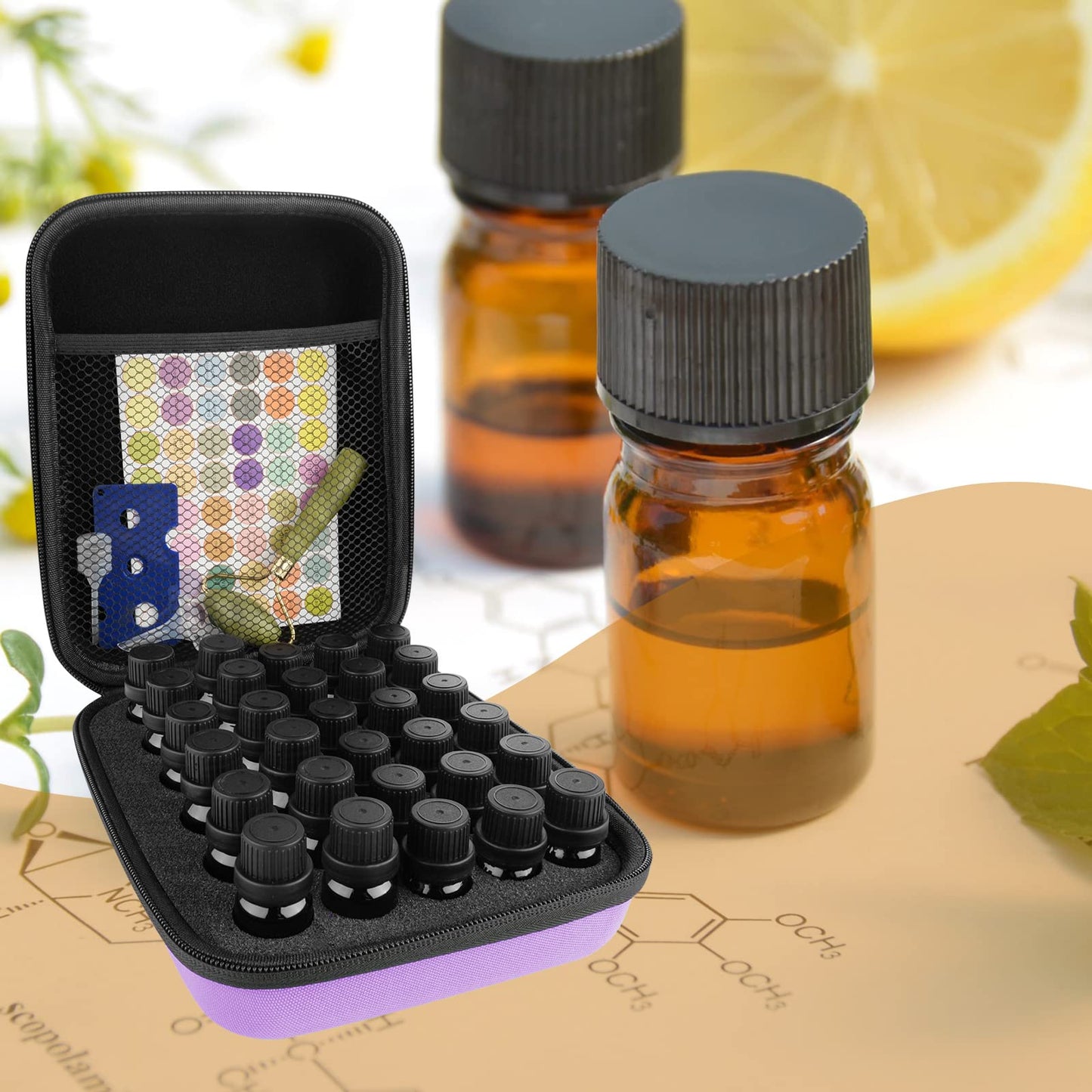 LUEXBOX Estuche de almacenamiento de aceite esencial, estuche de transporte de aceite esencial de 30 botellas, organizador de aceite esencial para múltiples tamaños, soporte de aceite con rodillo de jade, abridor de aceite, calcomanías, embudo y pipeta de