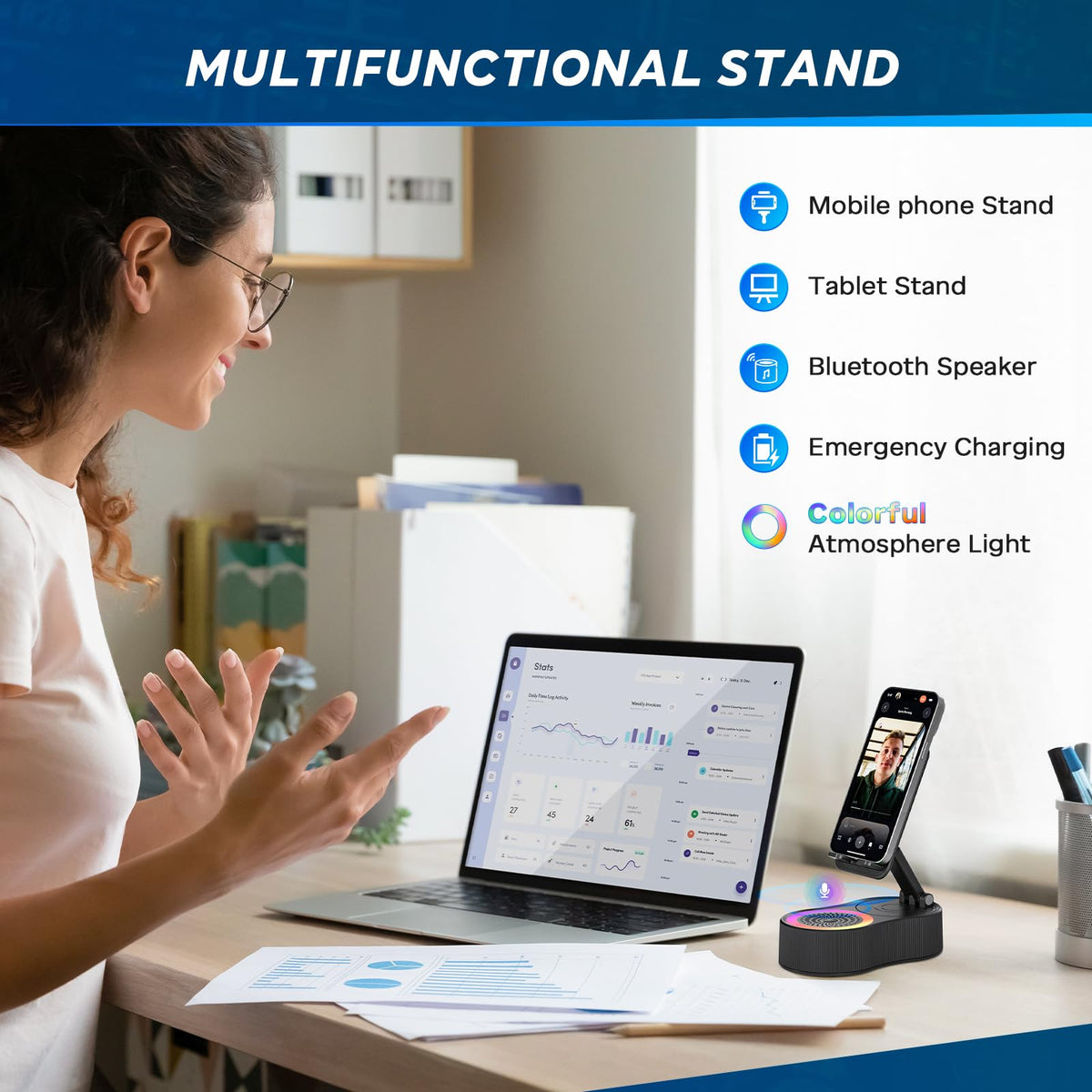 Soporte para Teléfono Celular con Altavoz Bluetooth Inalámbrico Giratorio 360° y Ajustable con Carga para Tableta