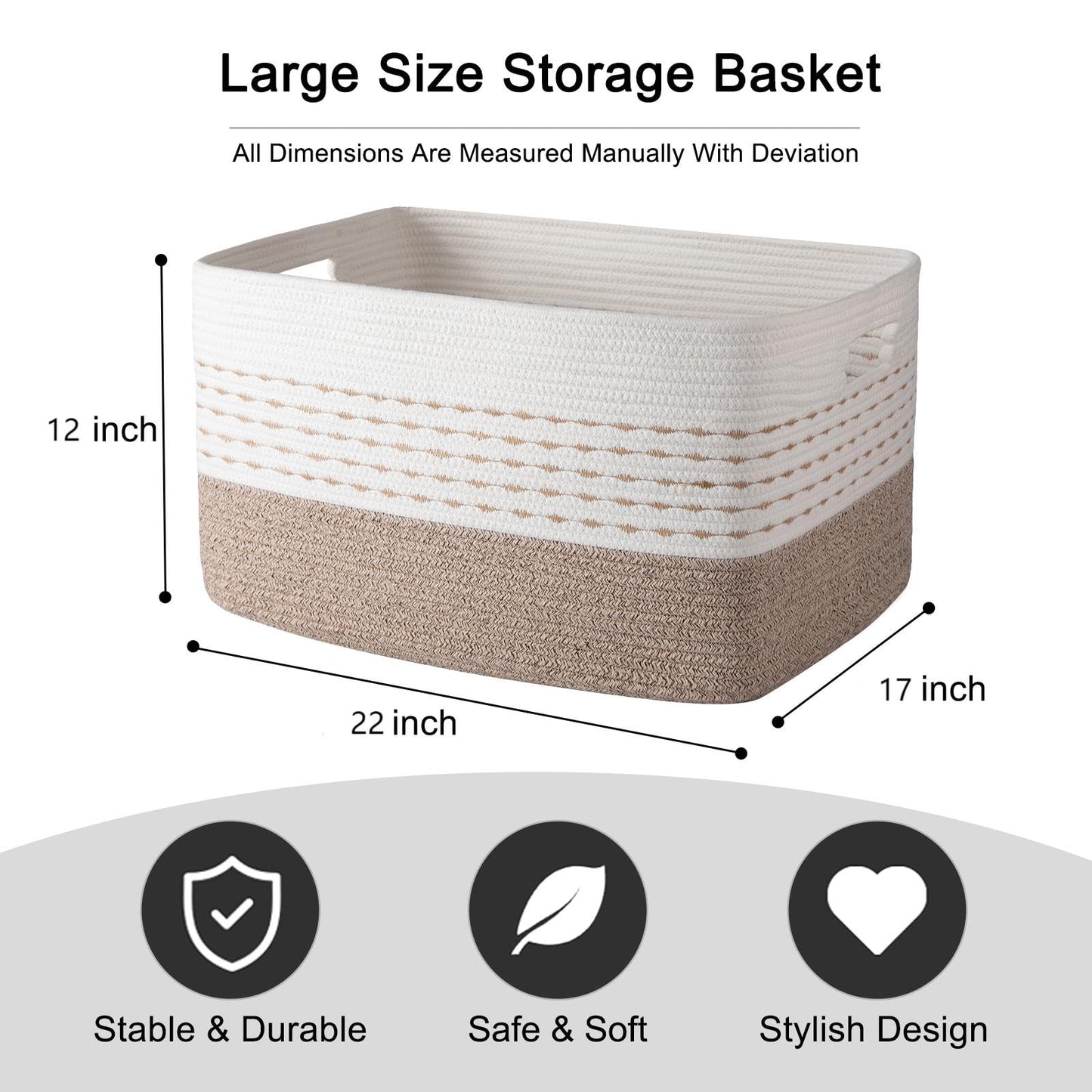 OIAHOM - Cesta de manta extragrande de 75 litros, 55,8 x 43,2 x 38,1 cm, cestas de cuerda de algodón tejidas rectangulares para sala de estar, almacenamiento de juguetes con asa, color café claro