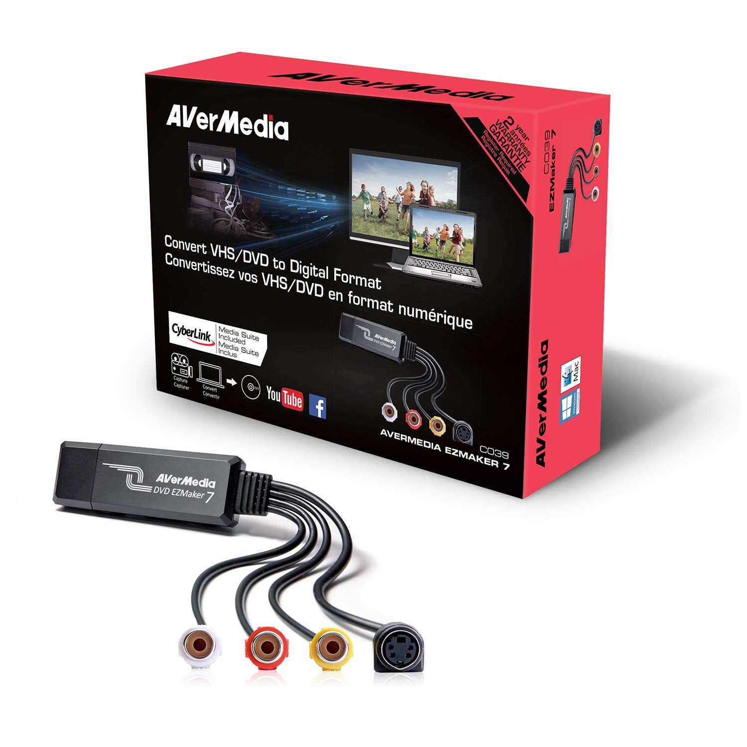 AVerMedia C039 DVD ezmaker 7 - Grabador de captura de vídeo VHS a DVD, RCA/Composite, WIN10/Mac, Llave electrónica, USB 2.0, Negro