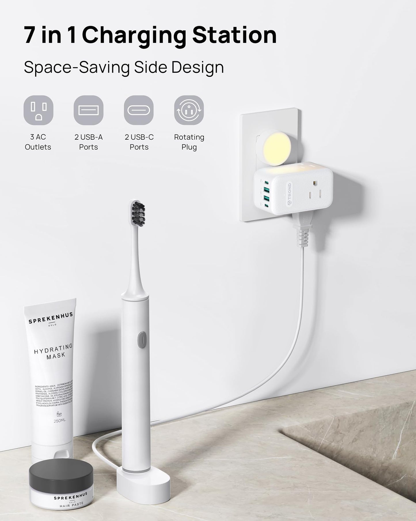 TROND Extensión con Enchufe Giratorio 360°, 3 Tomas AC, Cargador USB-C PD 20W, Adaptador de Pared USB, Estación de Carga Compacta para Cocina, Baño, Cruceros y Viajes