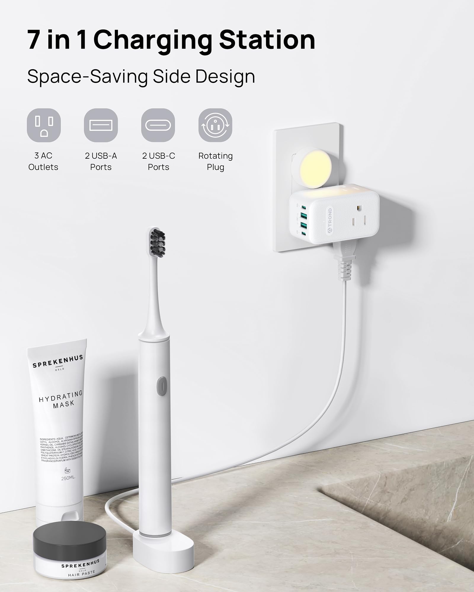 TROND Extensión con Enchufe Giratorio 360°, 3 Tomas AC, Cargador USB-C PD 20W, Adaptador de Pared USB, Estación de Carga Compacta para Cocina, Baño, Cruceros y Viajes