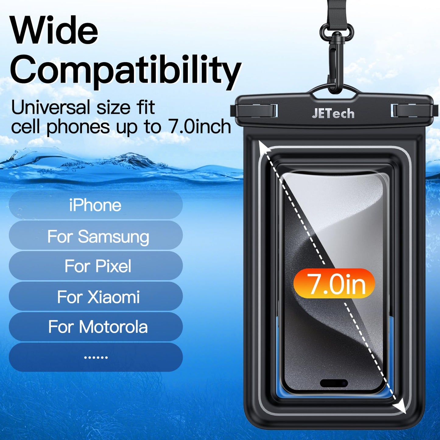 JETech Flotante Bolsa Estanca Móvil, 2 Unidades Funda Impermeable iPhone 16e 16 15 14 Pro MAX Plus, Galaxy S25 S24 S23 Ultra, Pixel 10 Series y Otros hasta 7 Pulgadas, Bolsa Seca IPX8