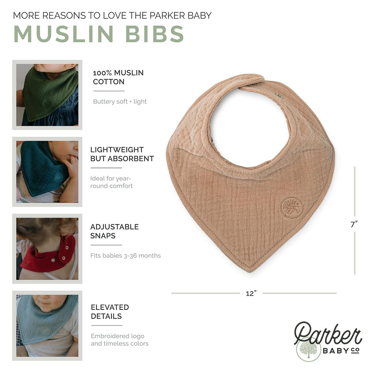 Parker Baby Co. Baberos de muselina bandana | 100% algodón de muselina suave, absorbente y ajustable, elegantes baberos de dentición y babeo, paquete de 4 - Juego de Estes