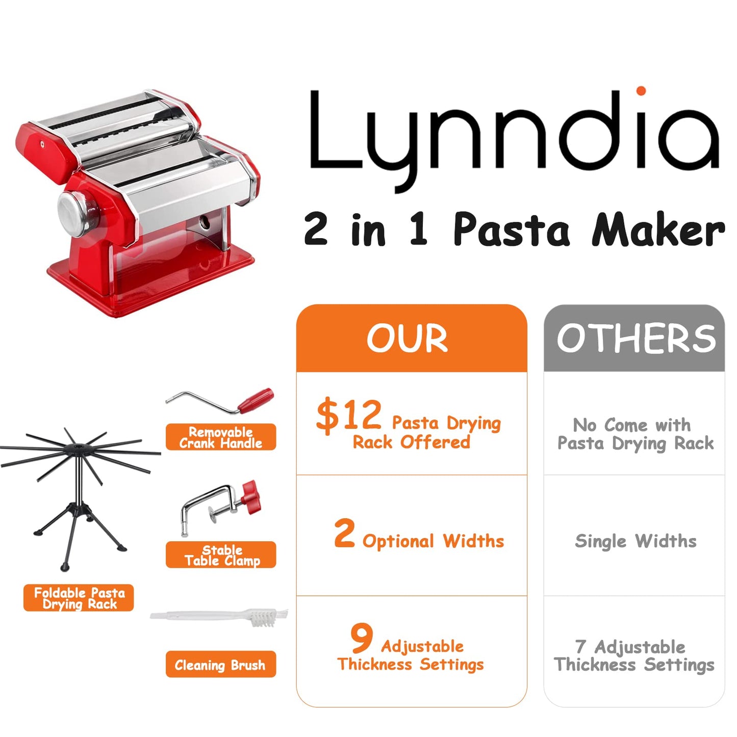 Lynndia Máquina para hacer pasta manual de acero inoxidable, 9 ajustes de grosor ajustables, incluye rodillo de pasta, cortador, mango extraíble y estante de secado de pasta, perfecto para espaguetis