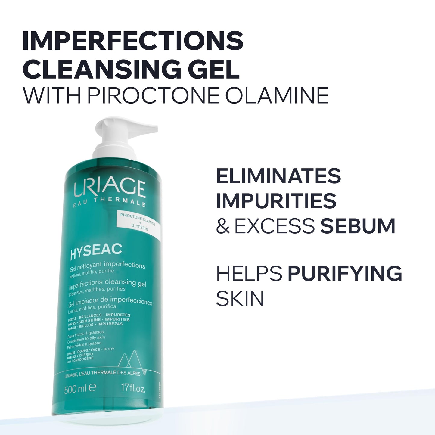 Uriage Hyseac Gel limpiador piel mixta a grasa 500ml - Elimina las impurezas y el exceso de grasa, con Piroctona olamina - Hipoalergénico, no comedogénico, pH fisiológico, sin jabón