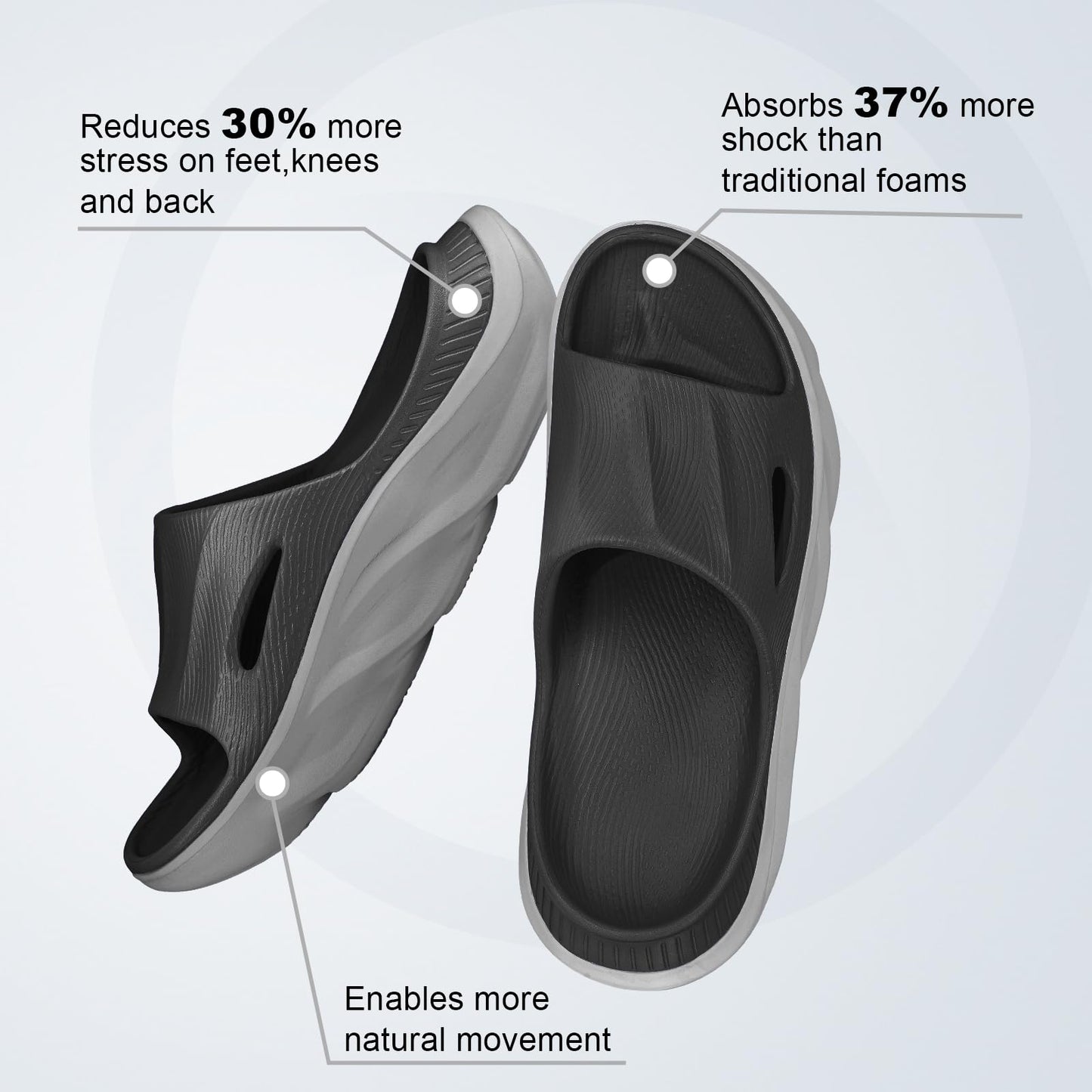 AnyuTech Sandalias de recuperación con soporte de arco, ortopédicas de cojín grueso para mujer, para fascitis plantar, ligeras, cómodas, para hombre, para interiores y exteriores, Negro Gris, 25.5 cm