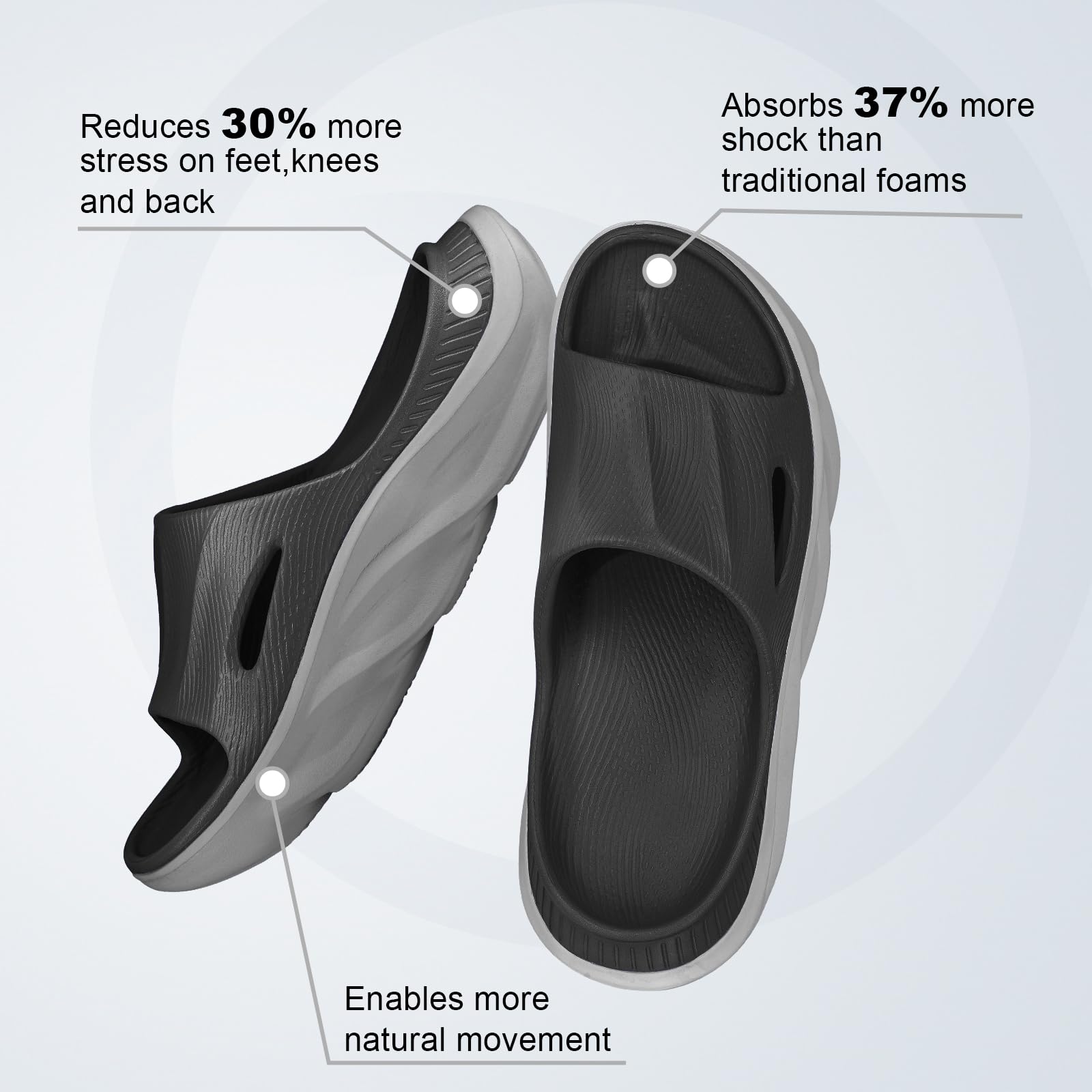 AnyuTech Sandalias de recuperación con soporte de arco, ortopédicas de cojín grueso para mujer, para fascitis plantar, ligeras, cómodas, para hombre, para interiores y exteriores, Negro Gris, 25.5 cm