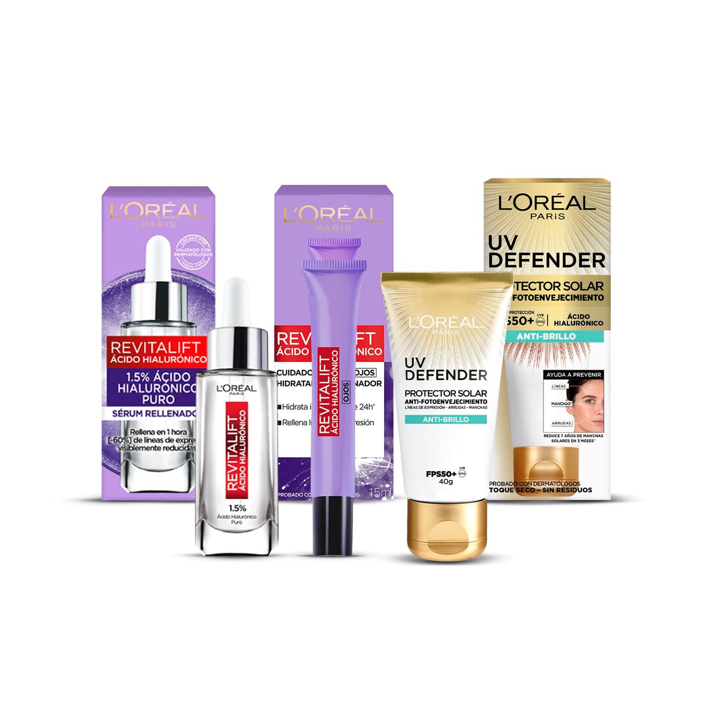 L'Oréal Paris Kit Serum Facial Revitalift Ácido Hialurónico, Crema de Ojos y UV Defender Anti-brillo