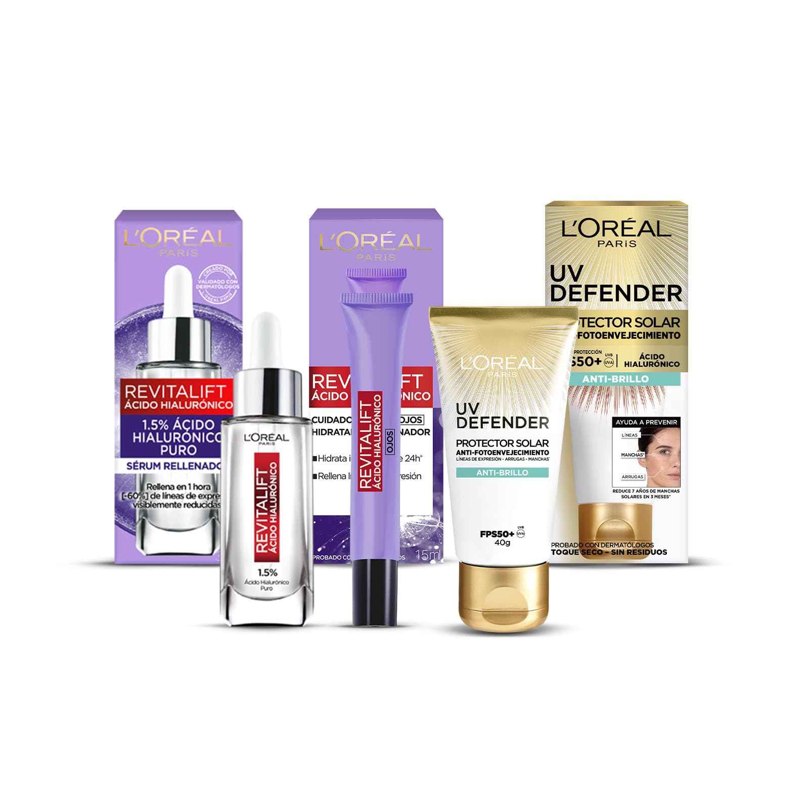 L'Oréal Paris Kit Serum Facial Revitalift Ácido Hialurónico, Crema de Ojos y UV Defender Anti-brillo