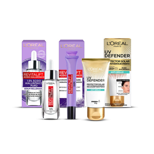 L'Oréal Paris Kit Serum Facial Revitalift Ácido Hialurónico, Crema de Ojos y UV Defender Anti-brillo