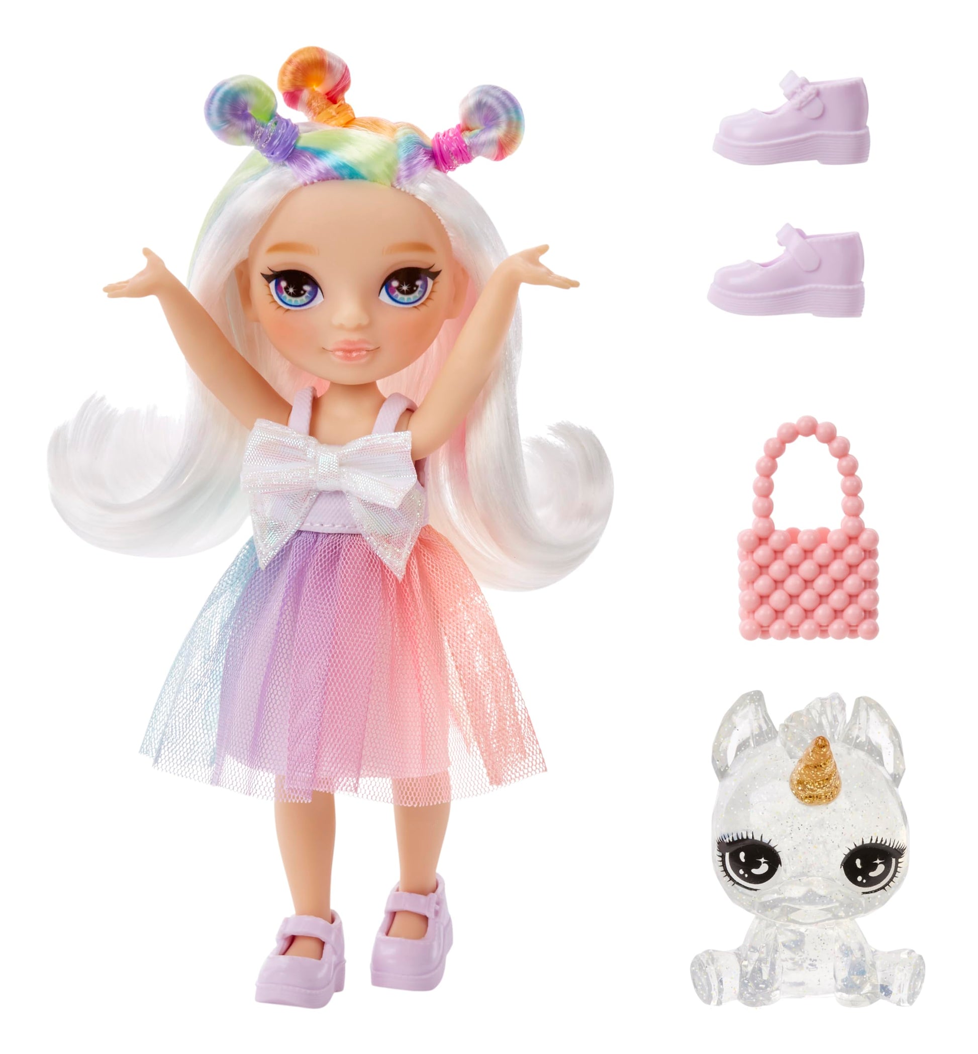 Muñeca de Moda Rainbow High Opal Raine Arco Iris Articulable con Bolso y Unicornio para Niños y Coleccionistas