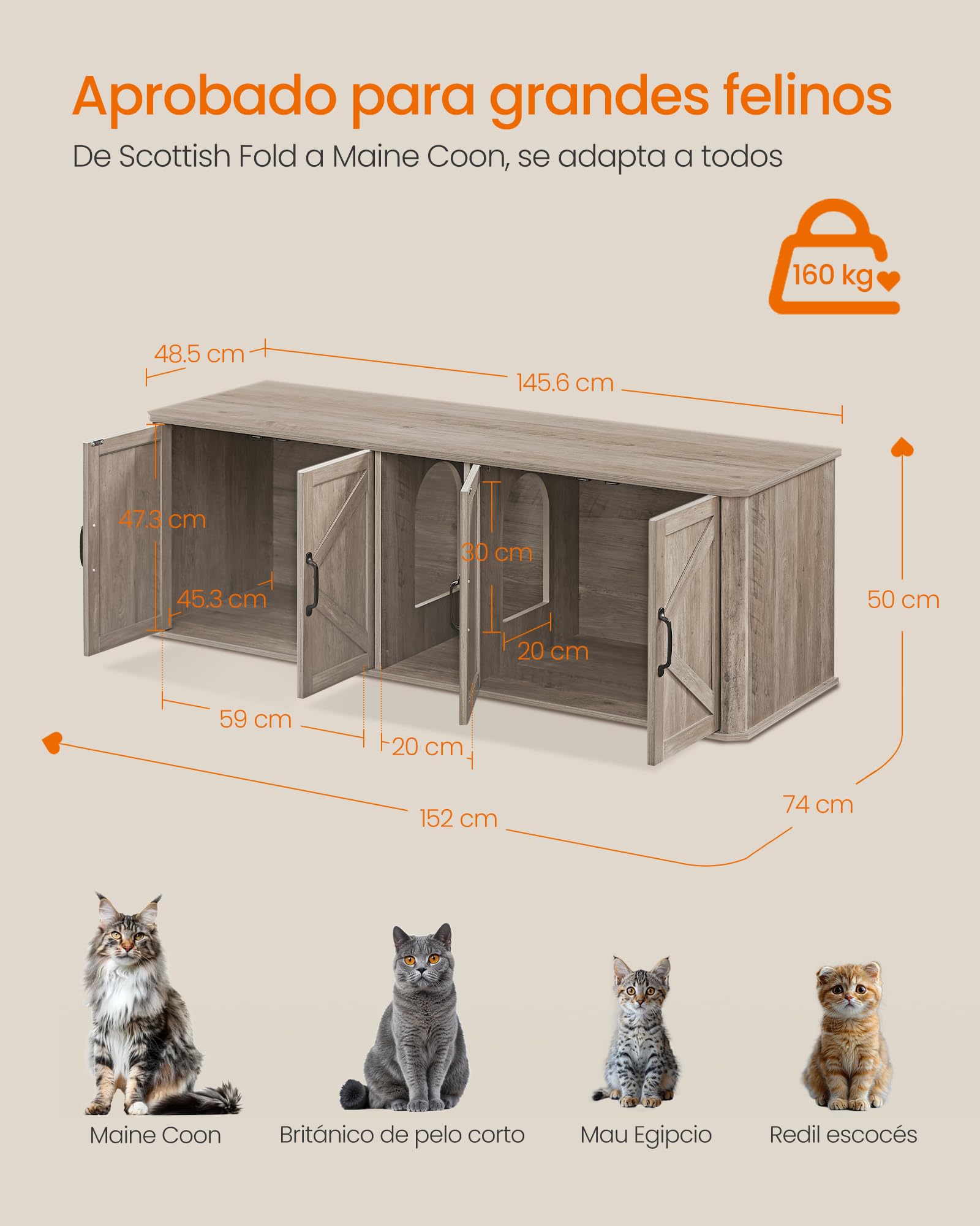 Feandrea Mueble Arenero para Gatos, Caja de Arena para 2 Gatos, Mesa Auxiliar, 145.6 x 48.5 x 50 cm, Greige Mélange MPCL010G01