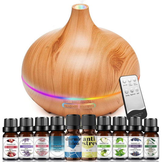Difusor de Aceites Esenciales: humidificador de Aromas (550 ml), 7 Colores de Luz LED, con 10 Botellas de Aceites Esenciales - 2 Niveles de Niebla, Temporizador Control Remoto, para Casa Y Oficina