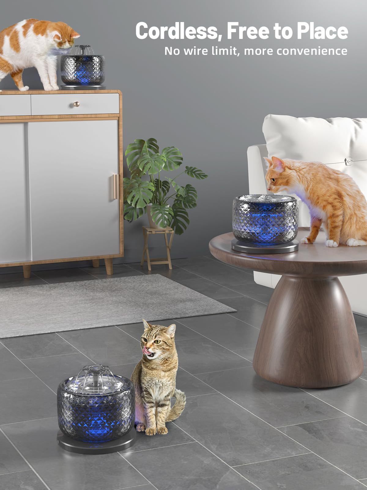Fuente de agua inalámbrica para gatos, funciona con pilas, dispensador automático de agua para mascotas de 120 oz/3.5L con bandeja de agua de acero inoxidable 304, fuente de agua para mascotas para