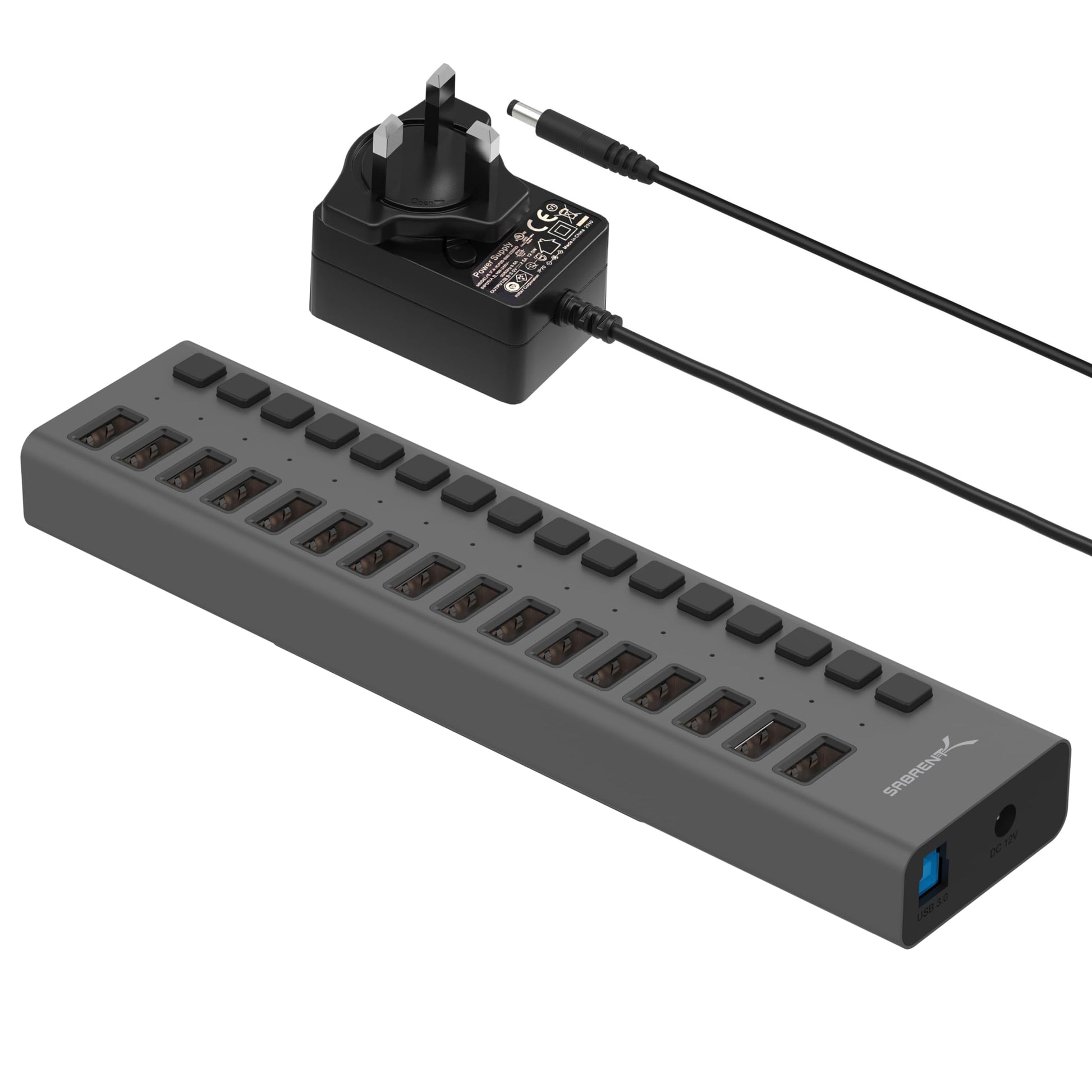 Hub USB 3.0 de 16 Puertos Sabrent Negro con Cargador y Interruptores Individuales