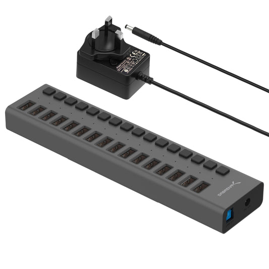 Hub USB 3.0 de 16 Puertos Sabrent Negro con Cargador y Interruptores Individuales