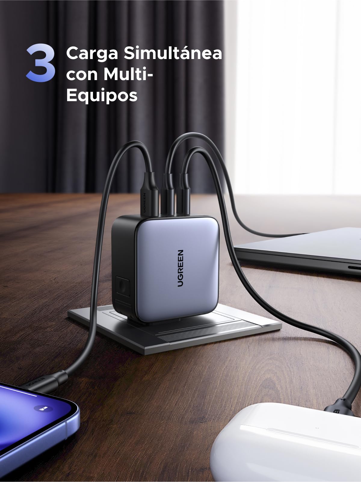 Cargador USB C UGREEN Nexode 65W Blanco con 3 Puertos para Viaje UK/USA/EU