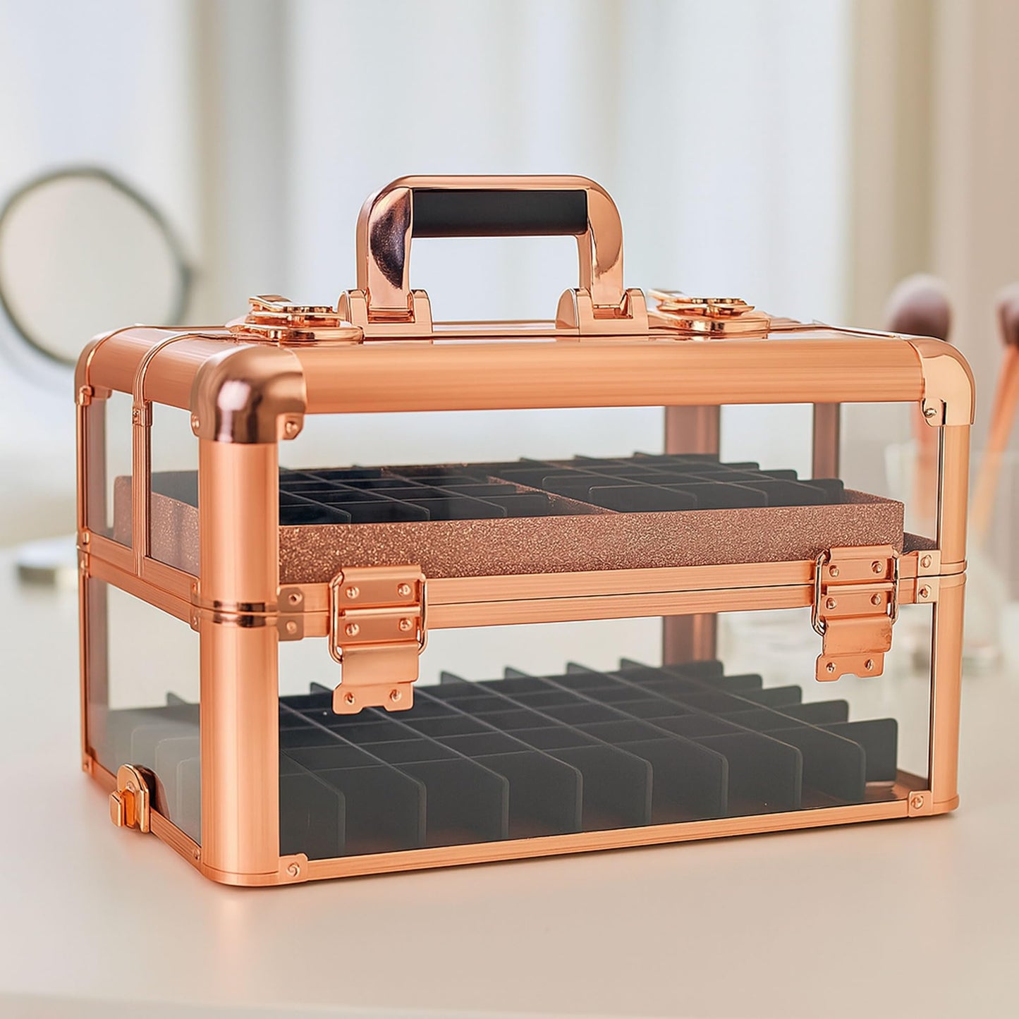 Ver Beauty Rose gold acrylic armored easy slide tray professional cosmetic makeup nail case with foundation holder - vp014, Rose Gold Acrylic