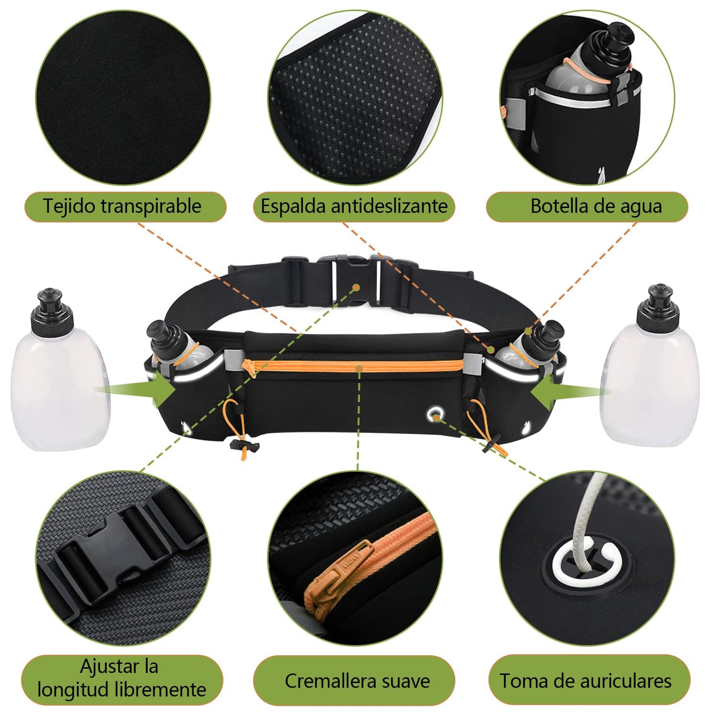 Cangurera Deportiva, Riñonera Deportiva con 2 Botellas de Agua, Riñonera Impermeable Reflectante con Cinturón Regulable, Ideal para Ciclismo, Correr, Deportes al Aire Libre. (1, naranja, Medium)