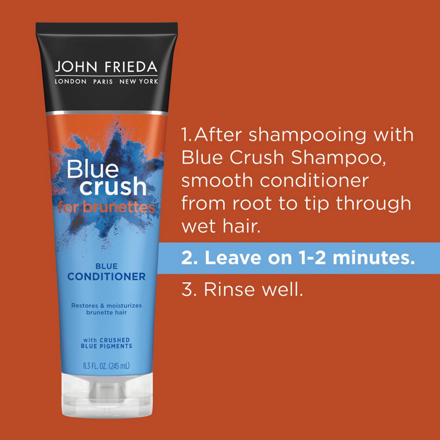 John Frieda Blue Crush para Castañas Acondicionador Azul |8.3 Onzas (245 mL) | Humectación para Cabello Castaño Teñido y Natural