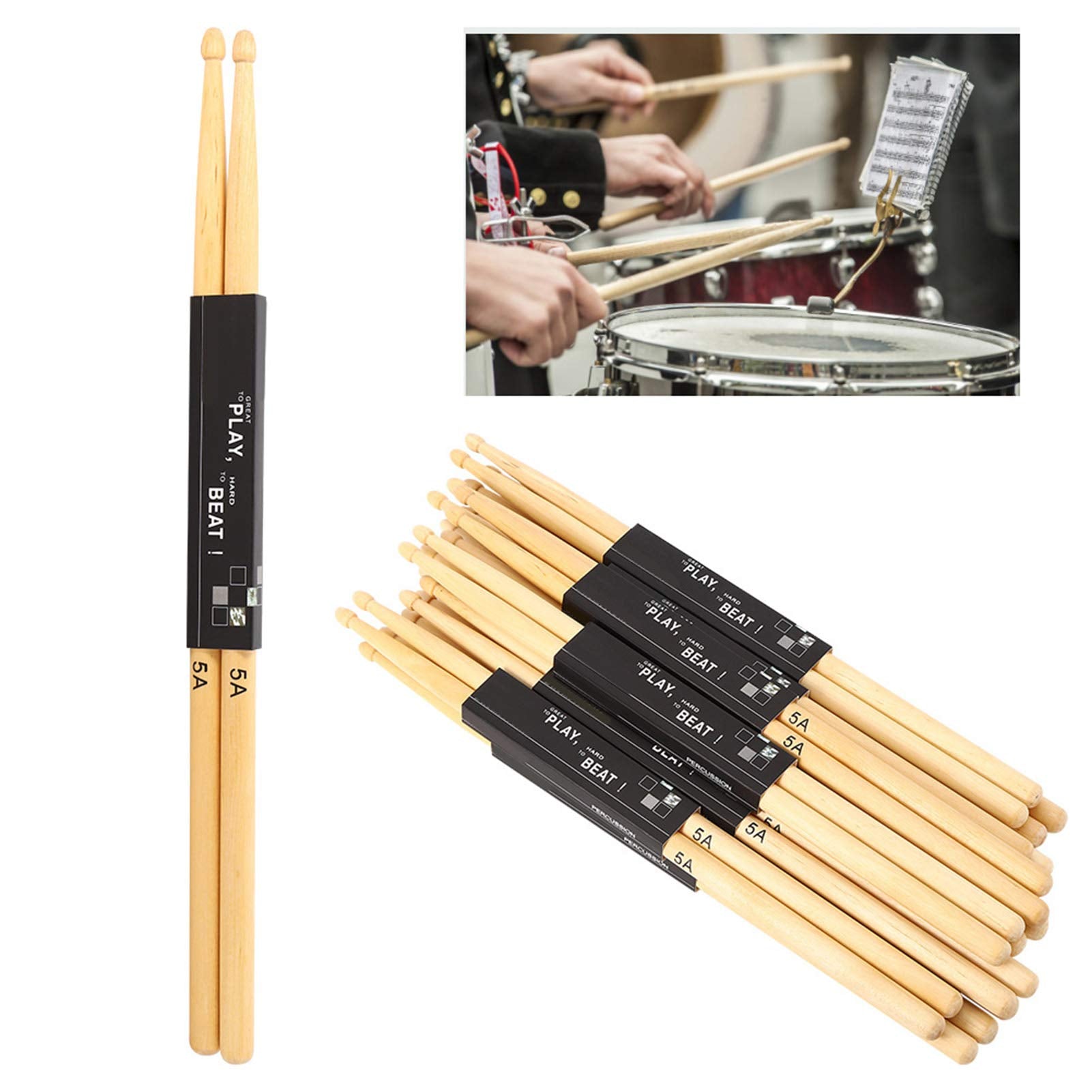 Aukson Baquetas para batería, 12 Pares de Baquetas con Cabeza de Palo en Forma de lágrima Baquetas de 5A para Practicar la interpretación en el Escenario