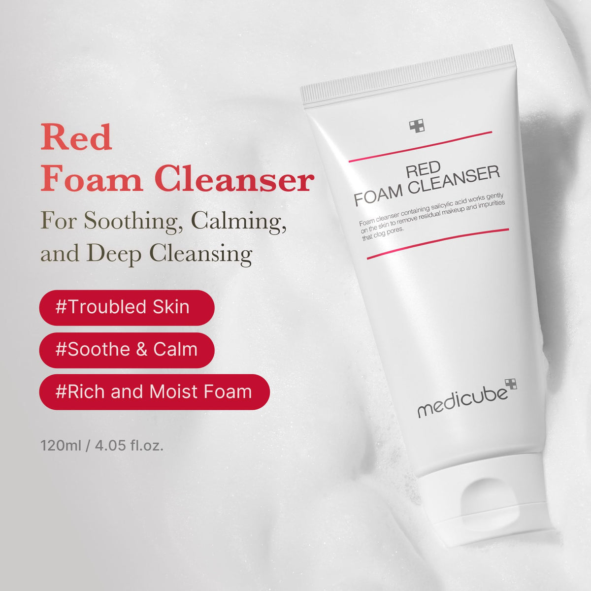 MEDICUBE Red Foam Cleanser 2020, Limpiador Facial Coreano en Espuma con Ácido Salicílico 0.45%, para Exceso de Grasa, Poros y Textura, 120 ml