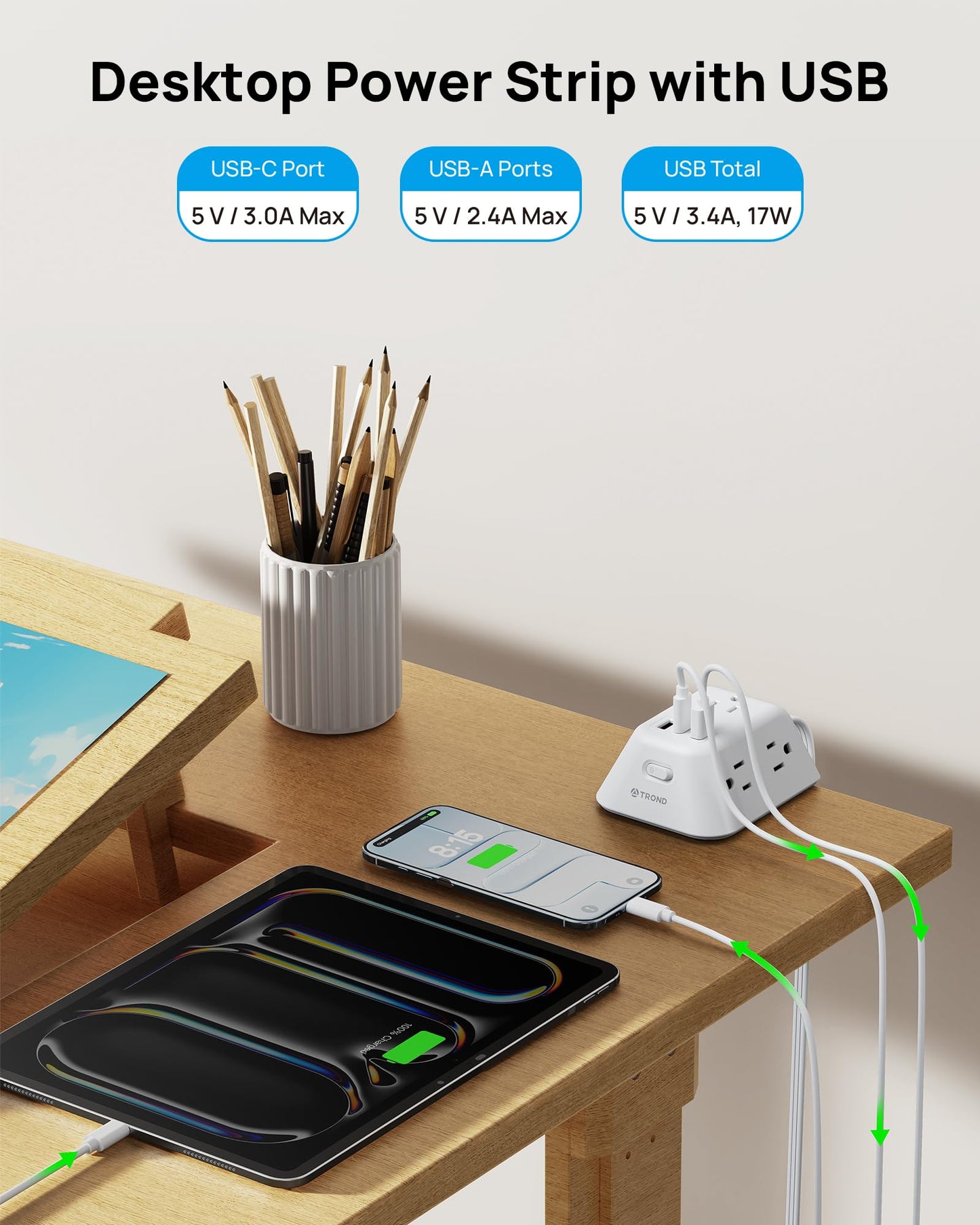 TROND Regleta Multicontacto con Abrazadera 1.8M, 5 Tomas AC y 3 Puertos USB, Protector de Sobretensión, Montaje en Escritorio, Apto para Mesas de 1.97", Ideal para Hogar, Oficina y Juegos,Blanco