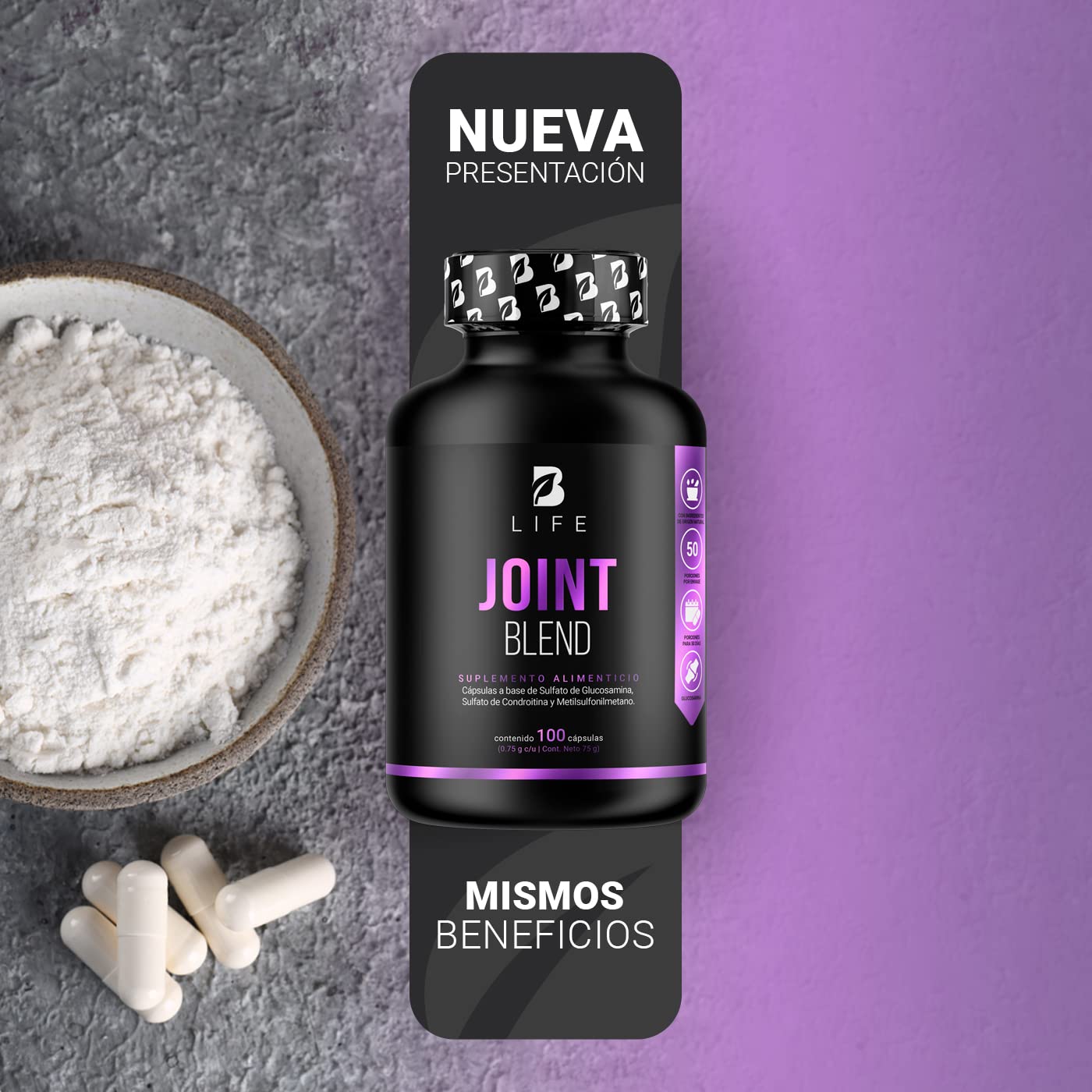 Glucosamina, Condroitina y MSM 100 Cápsulas 1500 mg por porción. Ingredientes Naturales. Joint Blend B Life.