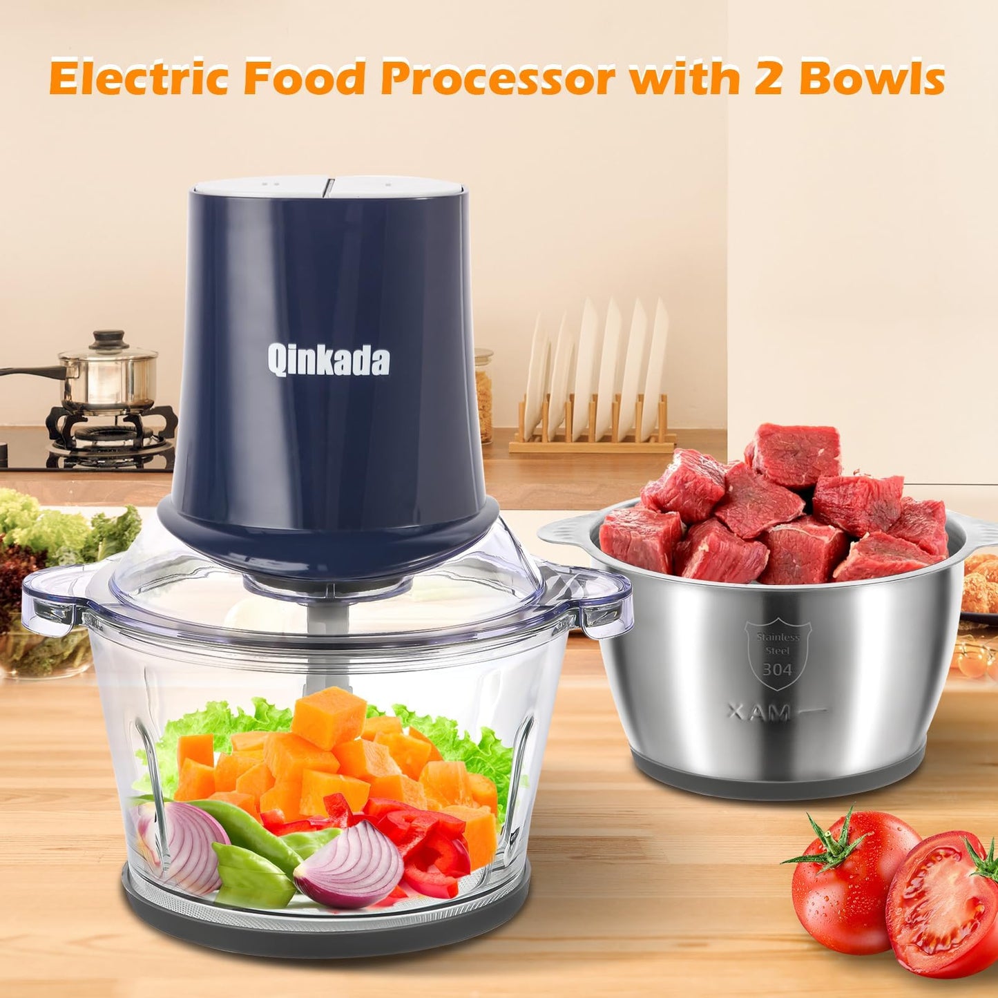 Procesador de Alimentos Qinkada Plateado con Molinillo de Carne y Cuencos de Vidrio e Inoxidable