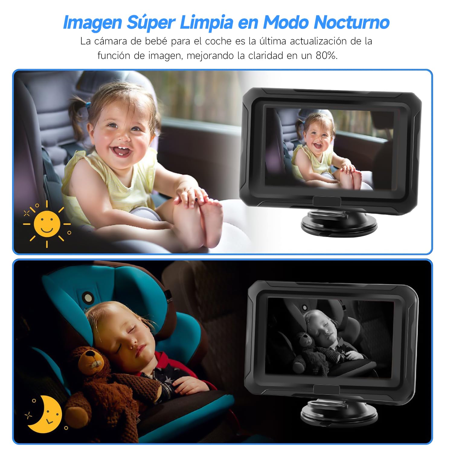 Muja Cámara Coche Bebé Asiento Trasero, Pantalla HD de 4.3 Pulgadas 1080p, Espejo Retrovisor para Cochecito de Bebé, El Coche con Cámara Giratoria de 360°, Lente Gran Angular de 150°