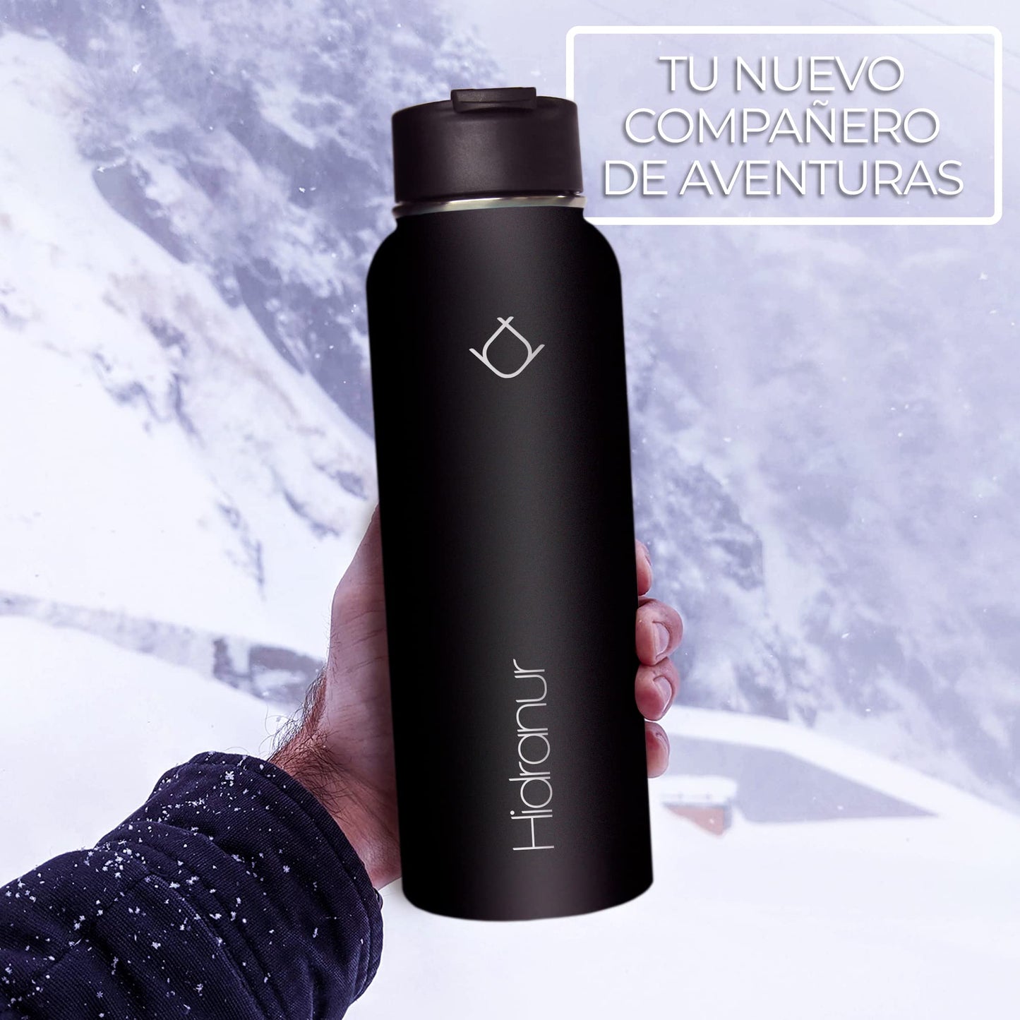 Hidranur Termo de Acero Inoxidable Doble Aislamiento Térmico, Termo Para Café 32 oz (946.35 ml), 3 Tapas Herméticas, 2 Popotes, 24 Hrs de Agua Caliente y Fría (Negro, 32 Oz (946.35 ml))