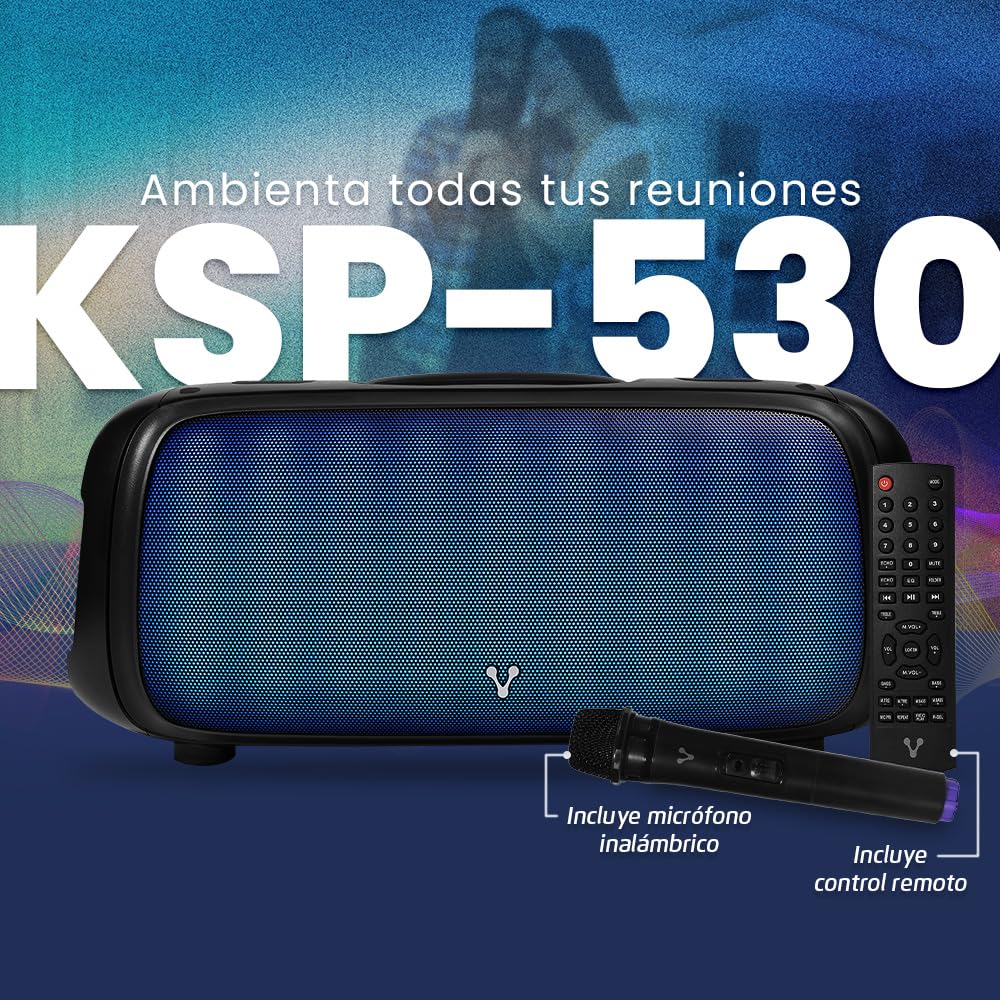 Bocina Portátil Bluetooth Vorago TWS Exterior Recargable con Micrófono y Control Remoto