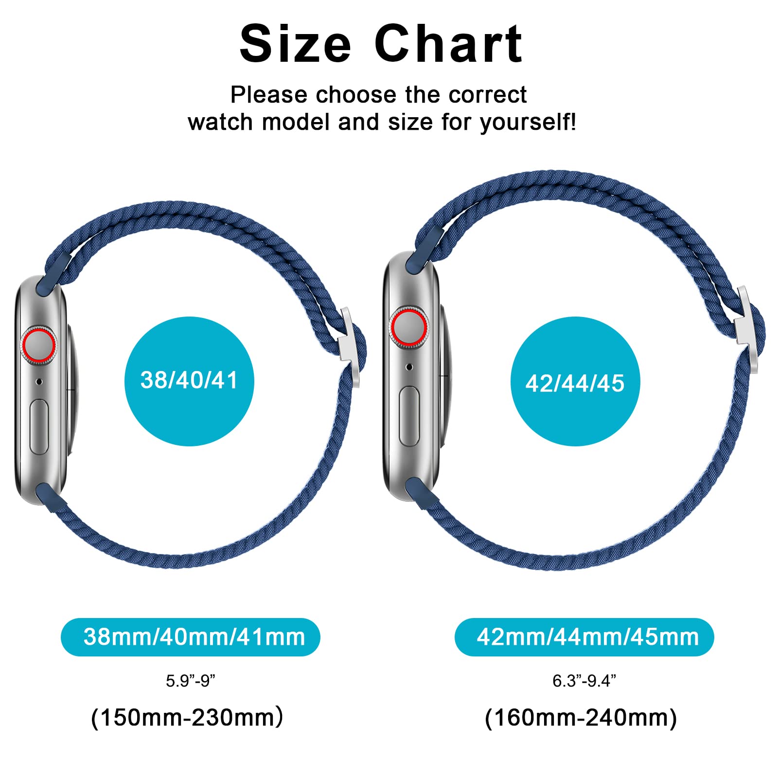 Correa Solo Loop Trenzada Mugust Azul Marino Ajustable para Apple Watch 42mm 44mm 45mm para Mujer y Hombre