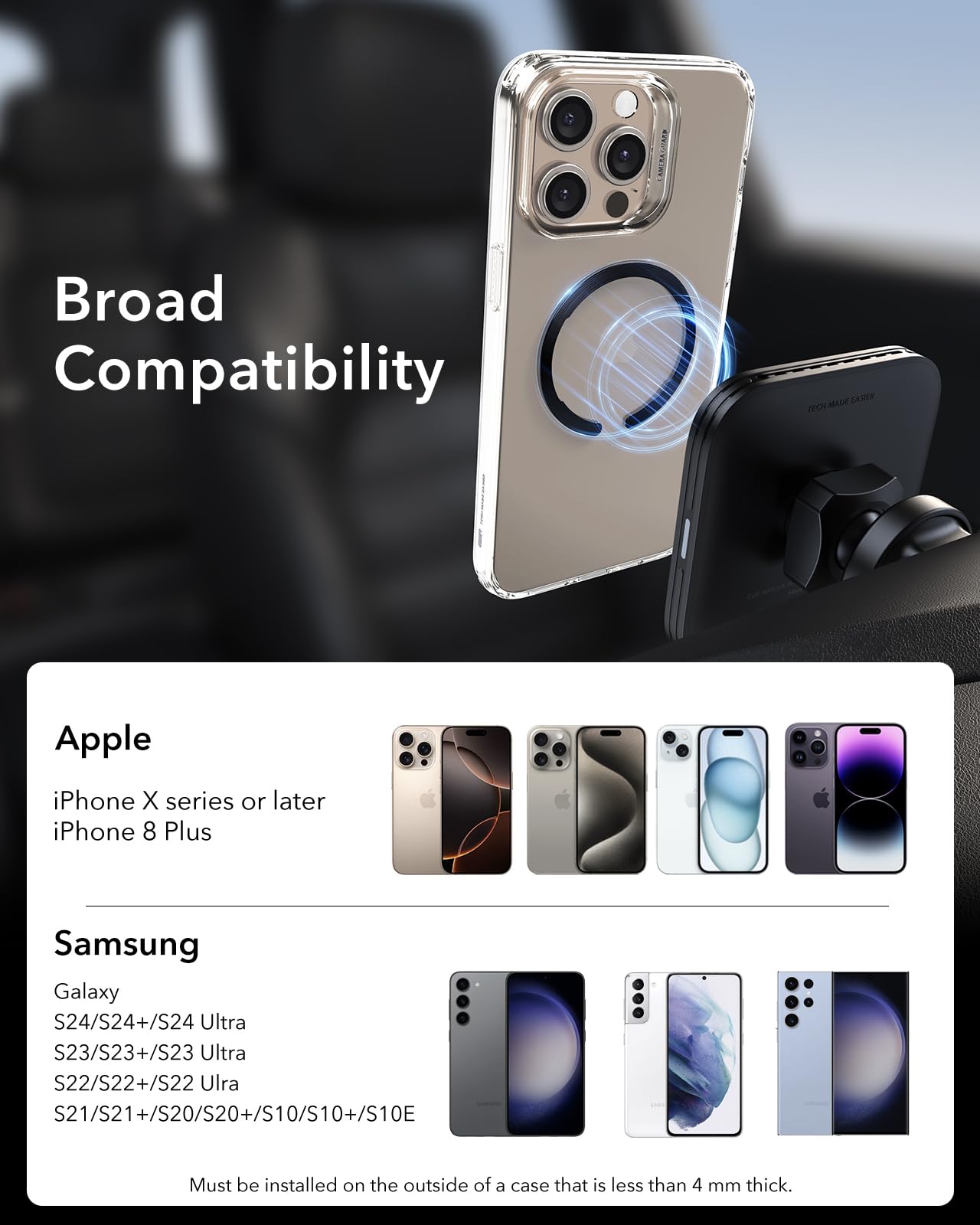 Anillo Ultrafino ESR MagSafe Transparente para Conversión de Cargador Inalámbrico iPhone y Galaxy