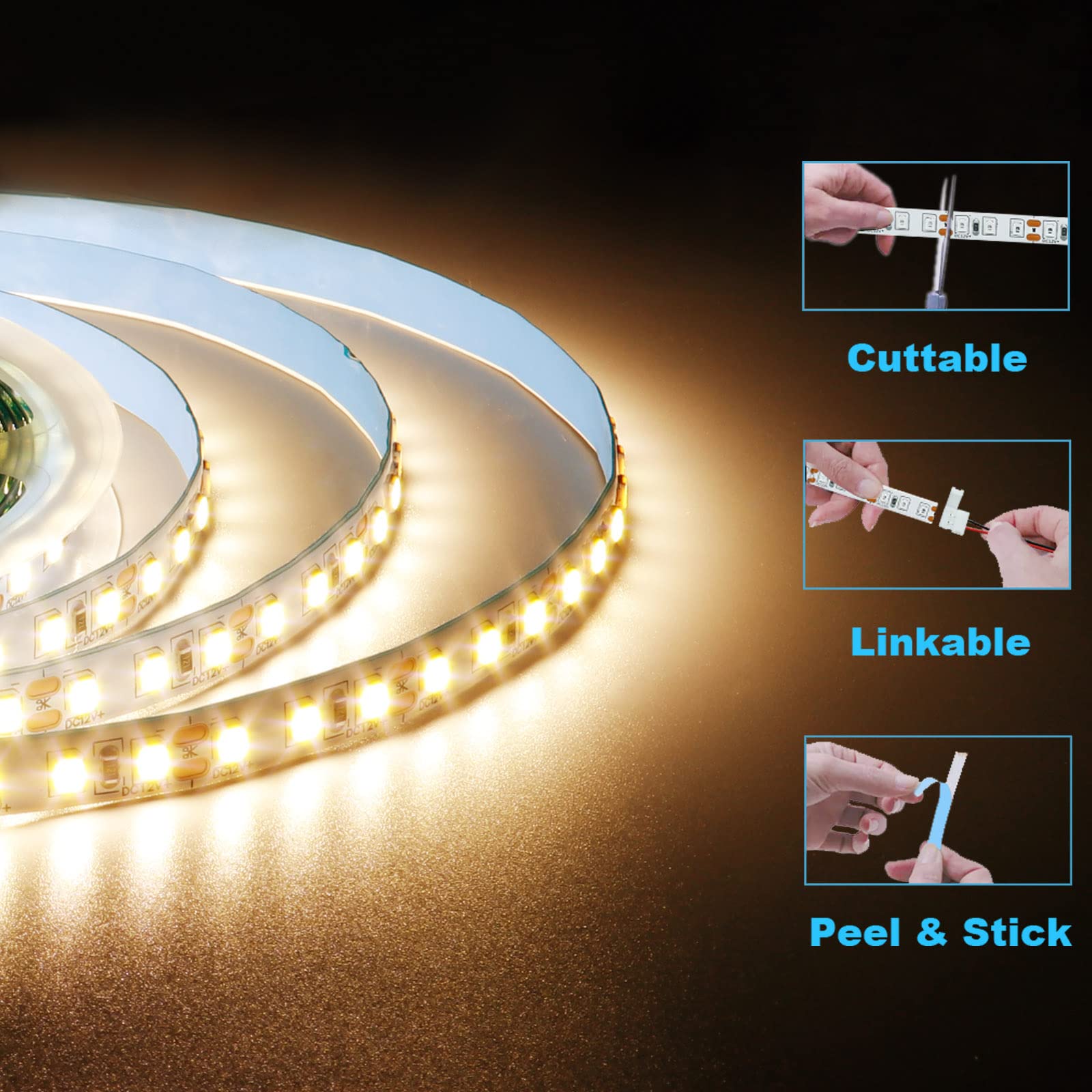 KXZM Tira LED 5M 12V Blanco Cálido 3000K Flexible Alta Densidad 600LEDs SMD2835 IP20 Not Impermeable Luces de Cinta LED para Armarios Salón Dormitorio Decoración Hogar(Alimentación No Incluida)