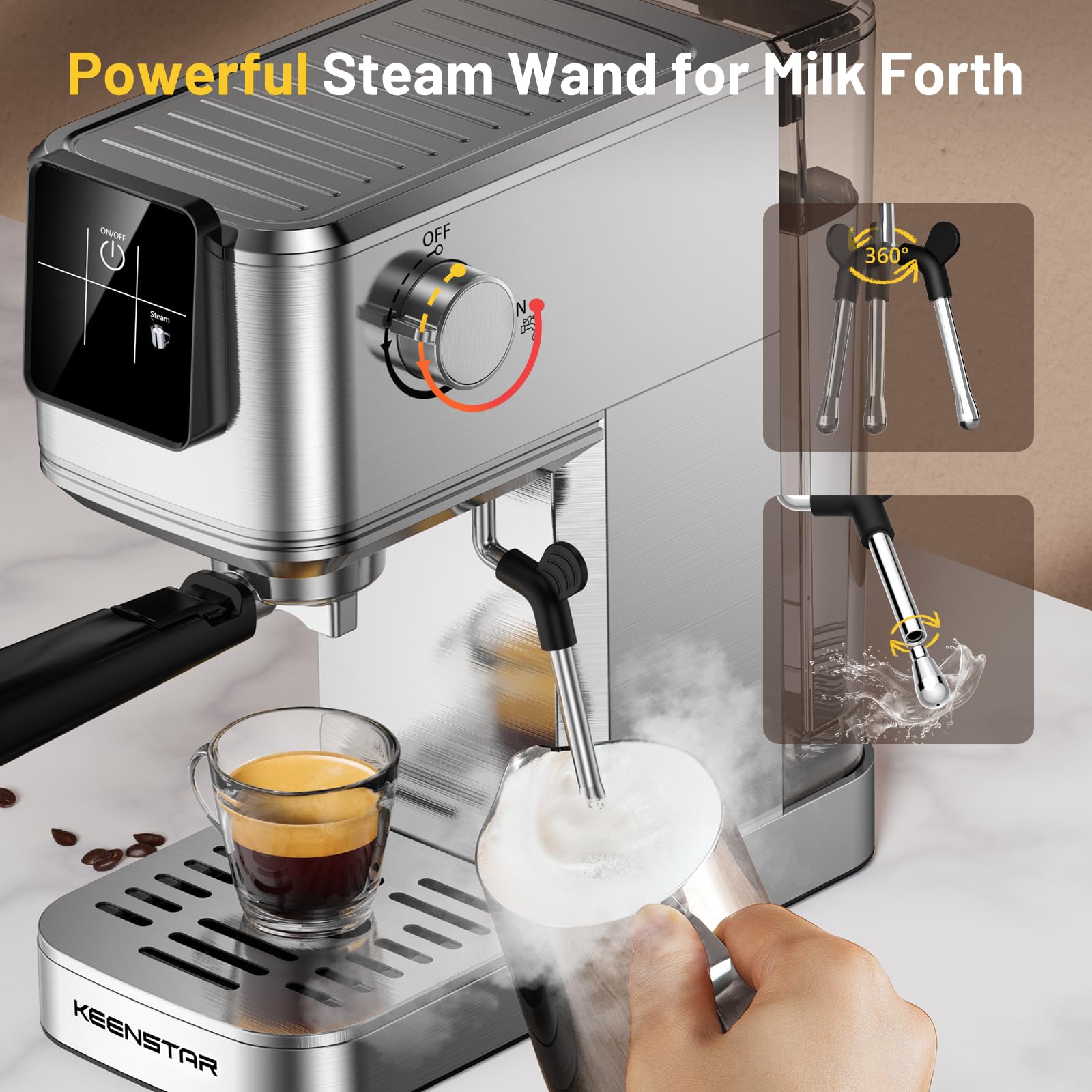 KEENSTAR Máquina de Café Espresso de 20 Barras, Caliente y Helado Con Cerveza Rápida en Frío, Varita de Vapor, Visualización Táctil y Tanque de Agua de 30 Onzas