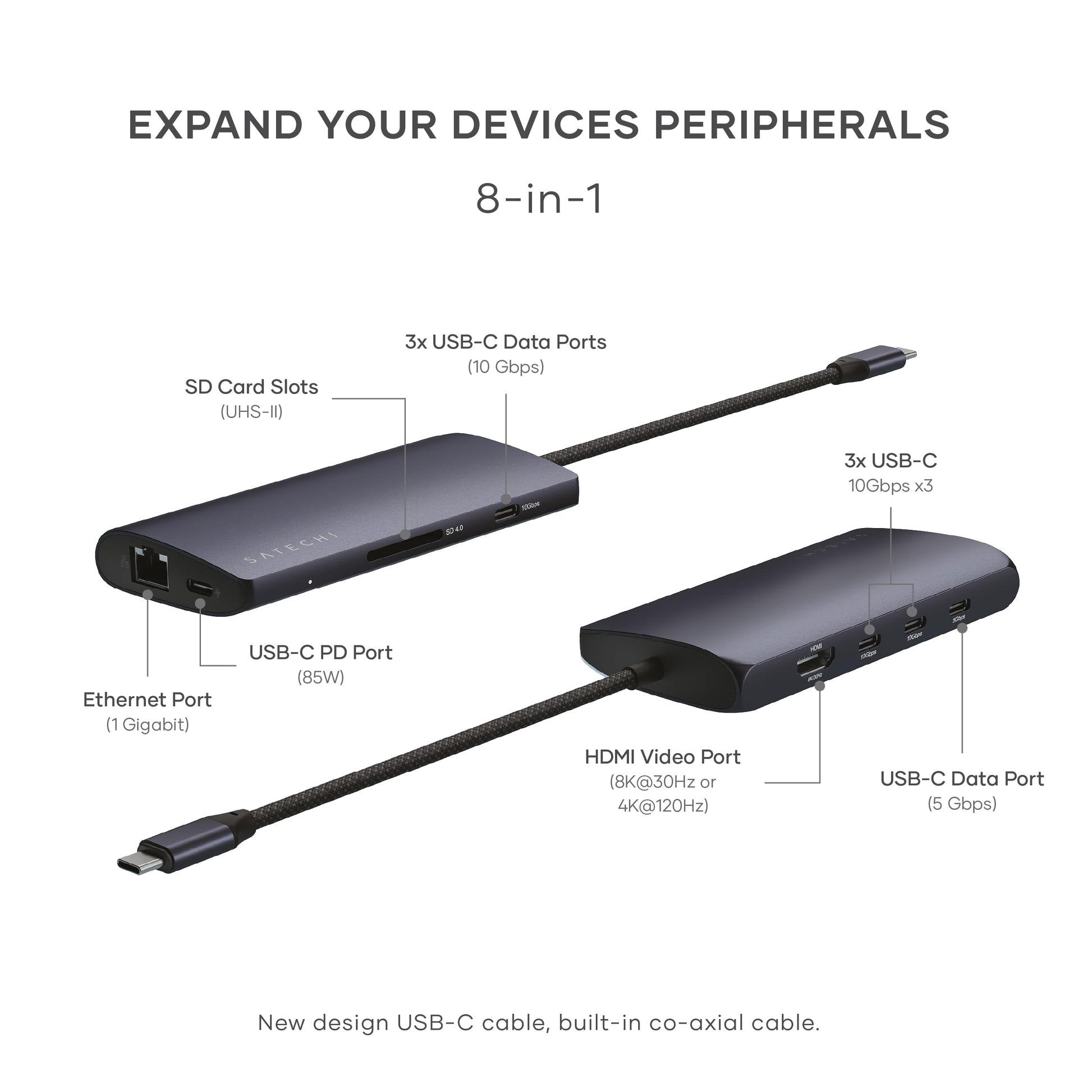 Hub USB C SATECHI Midnight 8 en 1 con HDMI 8K y Carga 100W para Laptop y iPad