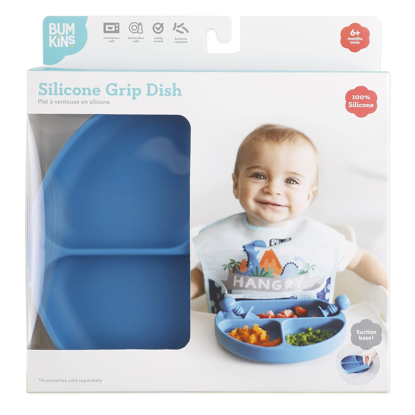Bumkins - Plato de silicona de agarre para bebés y niños, plato de 3 secciones, apto para horno y microondas, sin BPA, lavable en lavavajillas, color D2 Dark Blue-GD